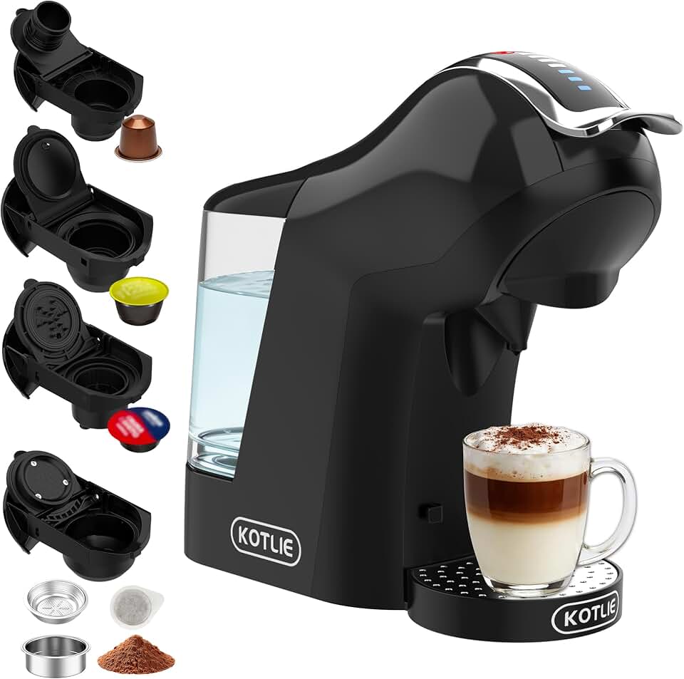 KOTLIE Cafetera de cápsulas 5 en 1, 19 bar, multi cápsulas para Nespresso, Dolce Gusto, ESE Pads(44 mm)/café en polvo, depósito de agua de 1 L, 3 temperaturas/7 cantidades de agua, color negro