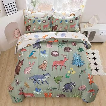 lishjekee 7Piece Forest Animal Comforter Full Woodland Bedding Set for Kids