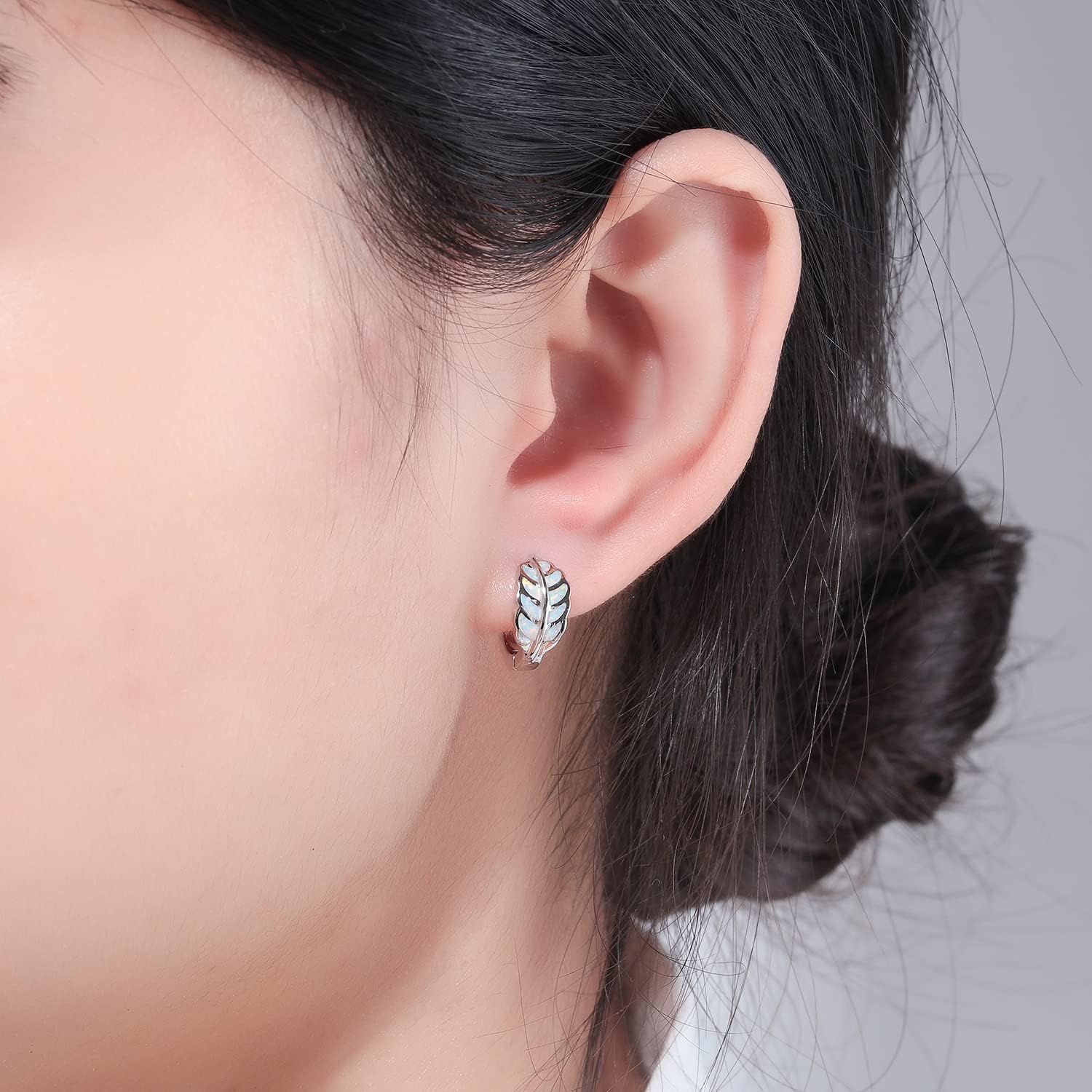 Leaf Small Hoop Earrings for Women Girls Opal Huggie Hoop Earrings 14K Gold Plated Cartilage Mini Earrings - Image 2