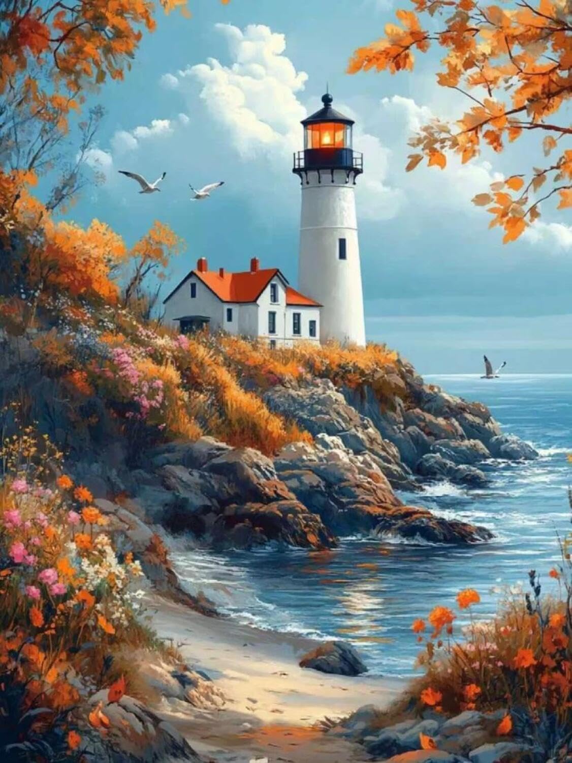 Rqwybcaxn Stamped Beaded Cross Stitch Kits Lighthouse Oil Painting 40x50cm