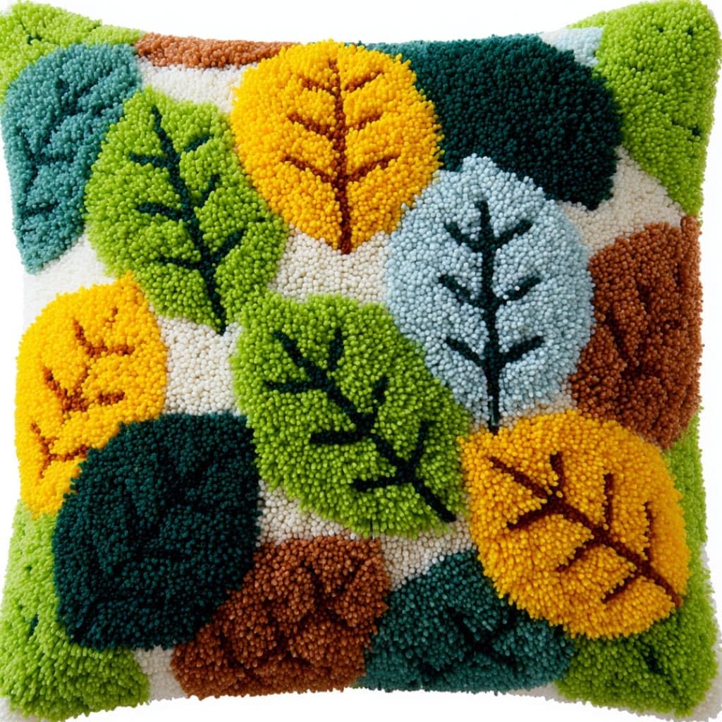 Taxpy Latch Hook Cushion Kits Leaf Pillowcase Kits Embroidery Kit 17X17 Inch DIY Needlework Pillow Cover Sofa Cushion Rug Making