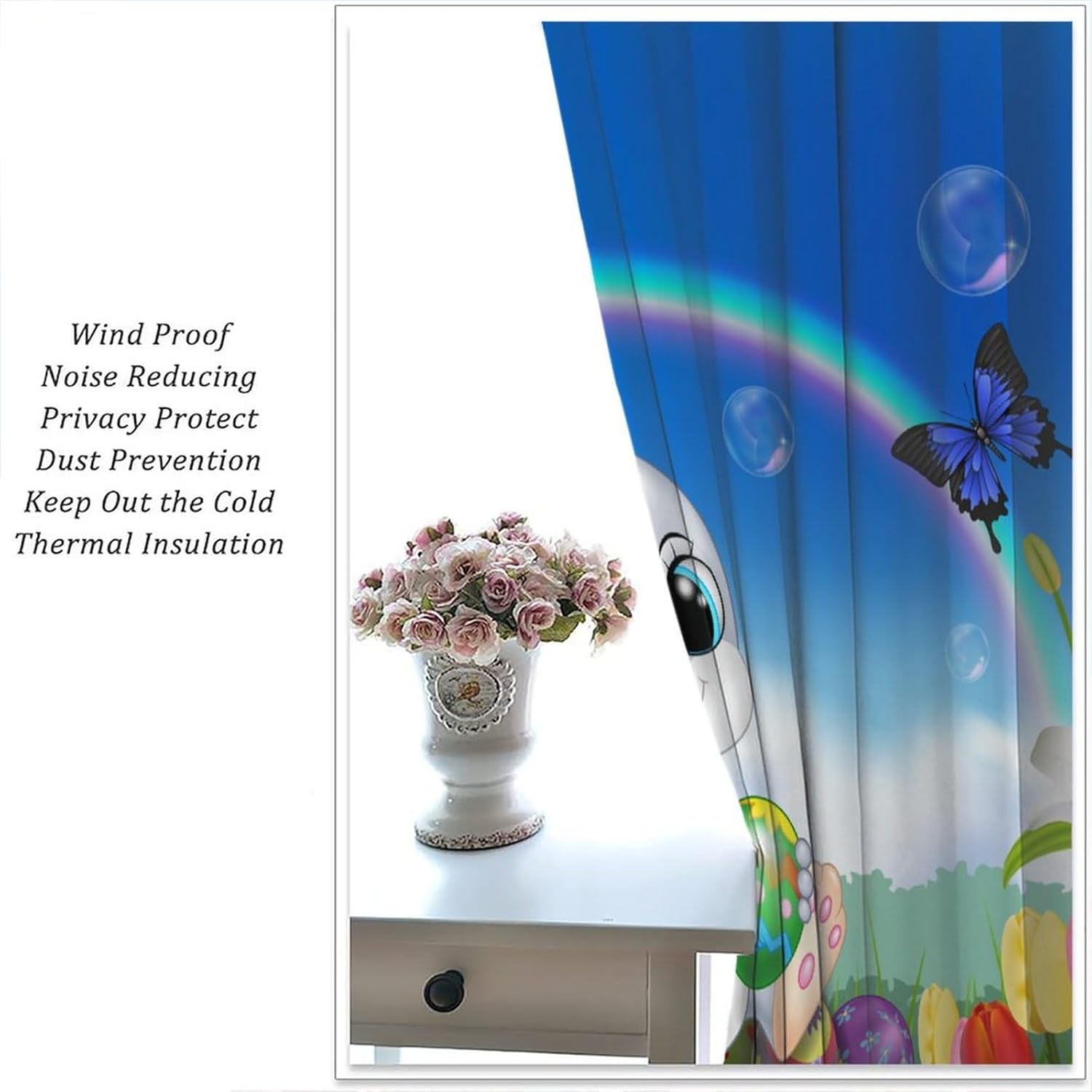 Cartoon Rabbit Curtains, Happy Easter Cute Bunny Colorful Wildflowers Spring Floral Eggs Print Rod Pocket Window Drapes for Kids Children Bedroom Living Room, 42x54 Inch (No Blackout)