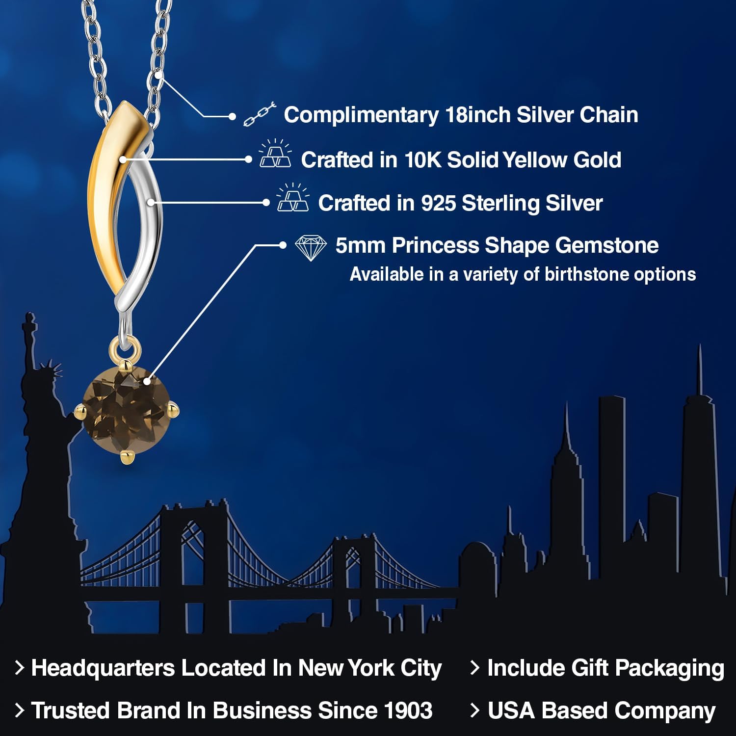 Gem Stone King 925 Silver and 10K Yellow Gold Brown Smoky Quartz Pendant Necklace for Women | 0.50 Cttw | Gemstone Birthstone | Round 5MM | With 18 Inch Silver Chain - Image 2