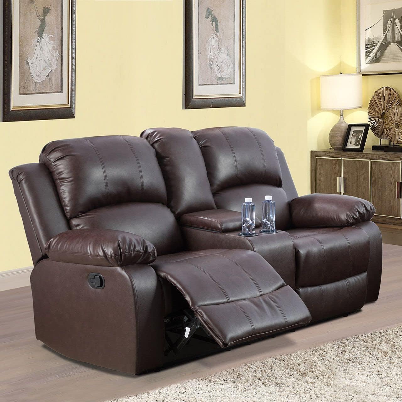3 Piece Reclining Living Room Set Manual Reclining Sofa Set for Living Room Furniture Set, with Storage Console/Cup Holder/Charging,for Home Theater (Brown,Loveseat)
