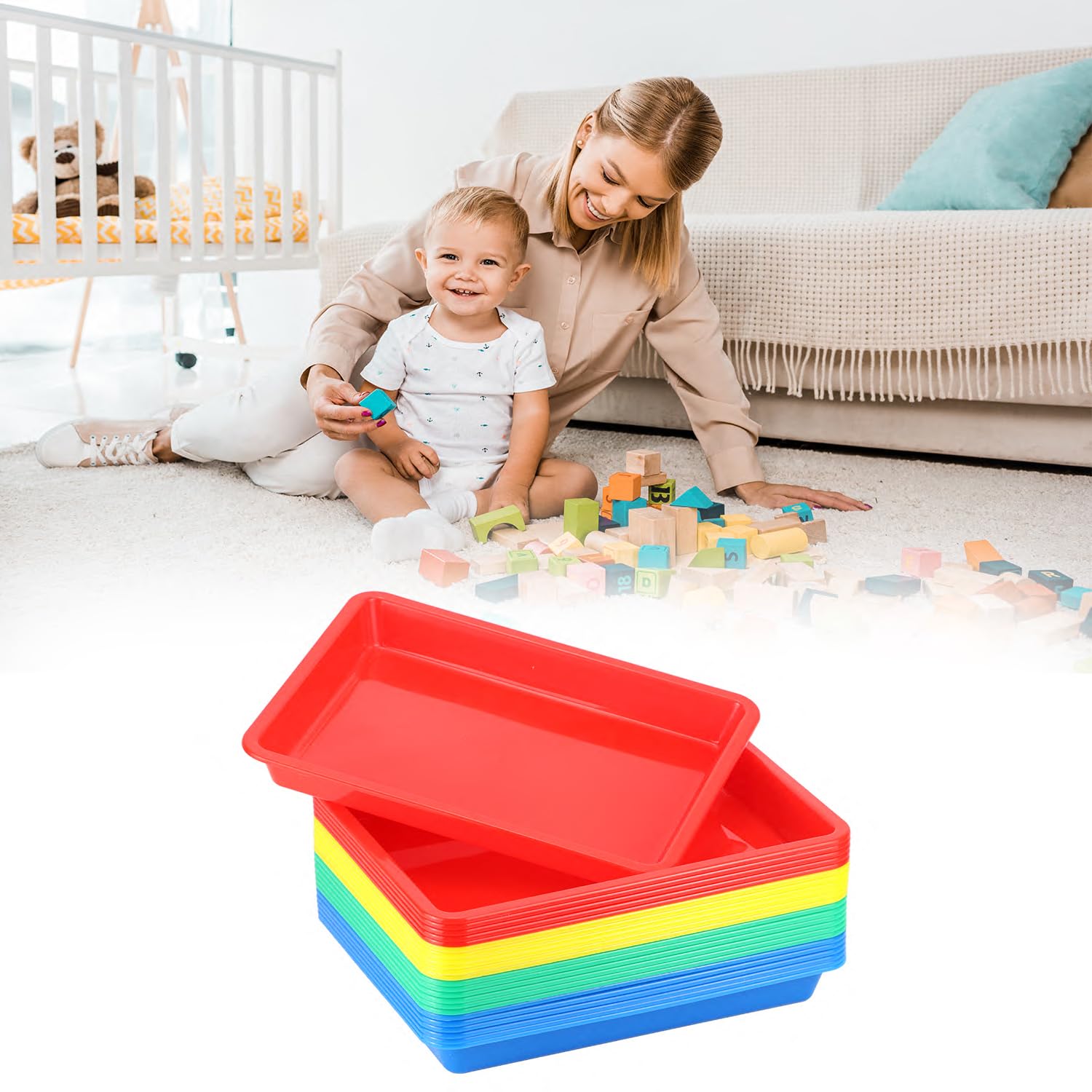 QWORK Vassoi in plastica per attività artistiche, 24 pezzi, 28 x 21 x 2,5 cm, impilabili, 4 colori disponibili