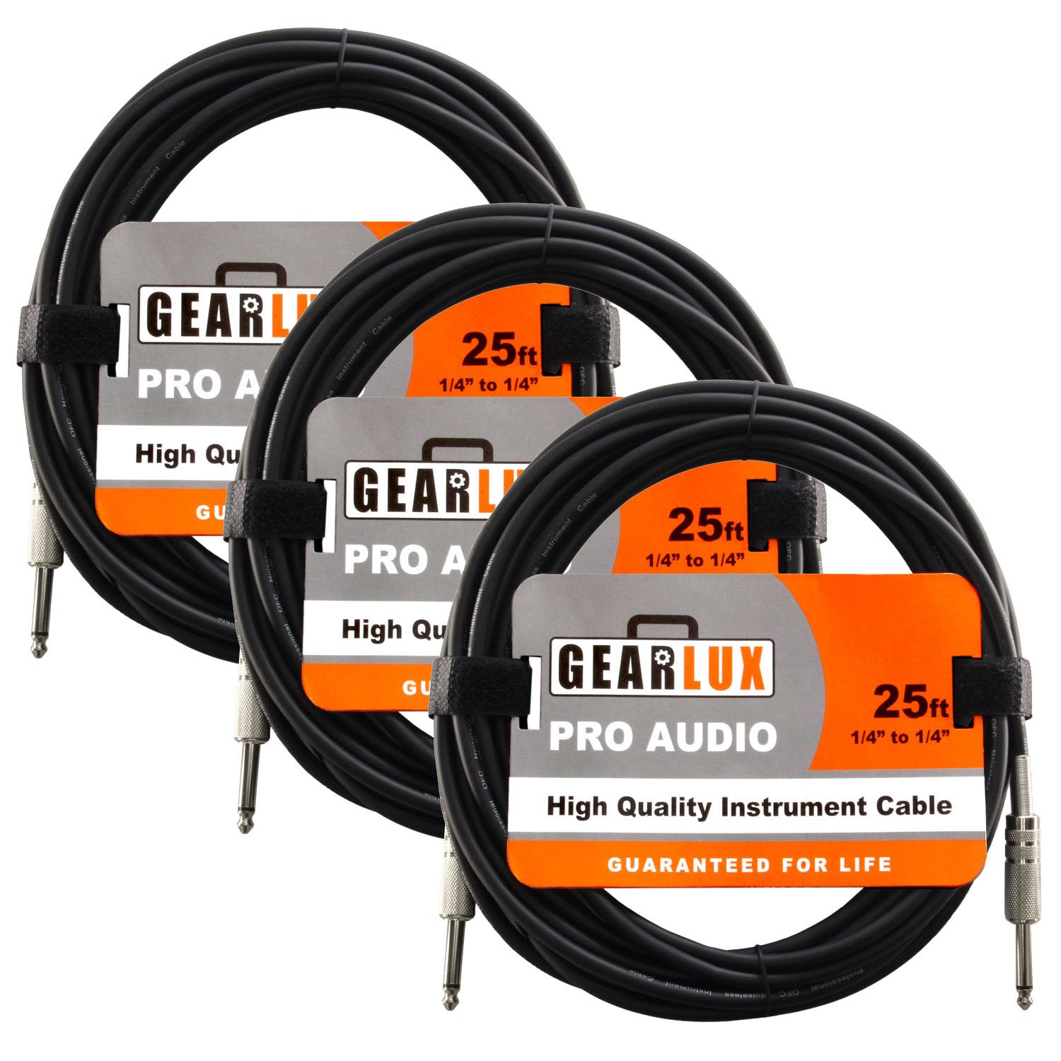 Gearlux Zestaw 3 profesjonalnych kabli do instrumentów i kabli gitarowych 1/4" do 1/4", czarny, 7,6 m