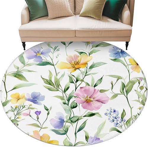 Miniatura 2 de 7ft Round Rug, Watercolor Flower Non-Skid Rubber Backing Large Area Rugs - Living Room Bedroom Home Office, Spring Farm Leaf Country Floral Retro
