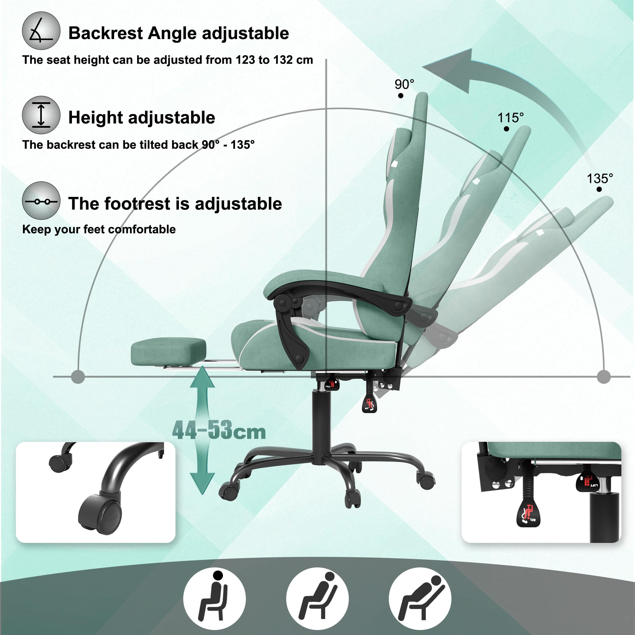 ACXIN Silla de gaming con reposapiés y reposacabezas, silla ergonómica para gaming con cojín lumbar de masaje, respaldo ajustable 90-135°, reposabrazos acolchados para gamer - Verde