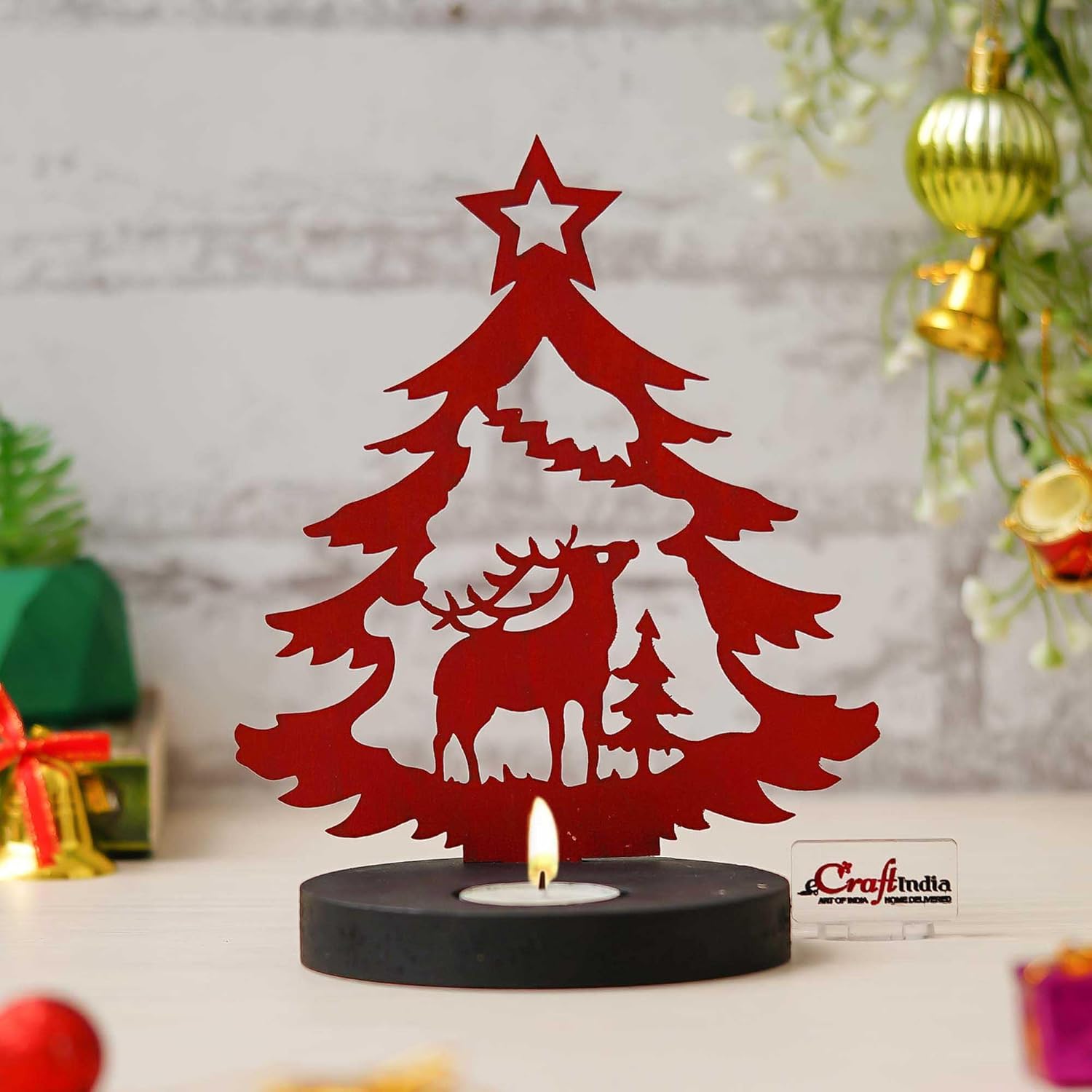 eCraftIndia Merry Christmas Tree Reindeer Showpiece Decorative Tea Light Candle Holder (Wooden Red) – Christmas Decoration, Ornaments & Gifts