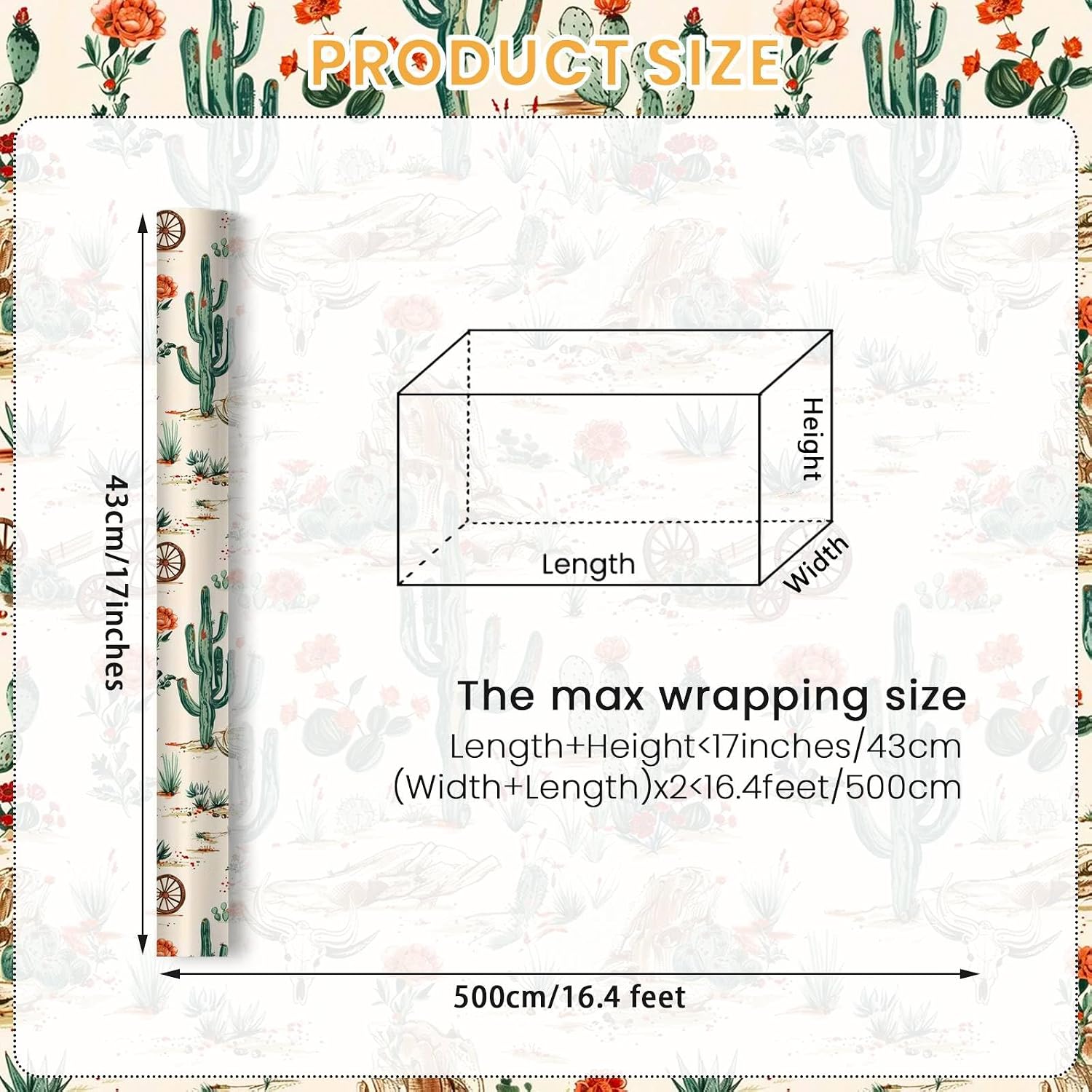 Joviwrap Cactus Wrapping Paper Roll, Western Wrapping Paper Desert Scenery Gift Wrap for Birthday, Holiday, Cowboy Party, 17 Inch x 16.4 Feet image 3