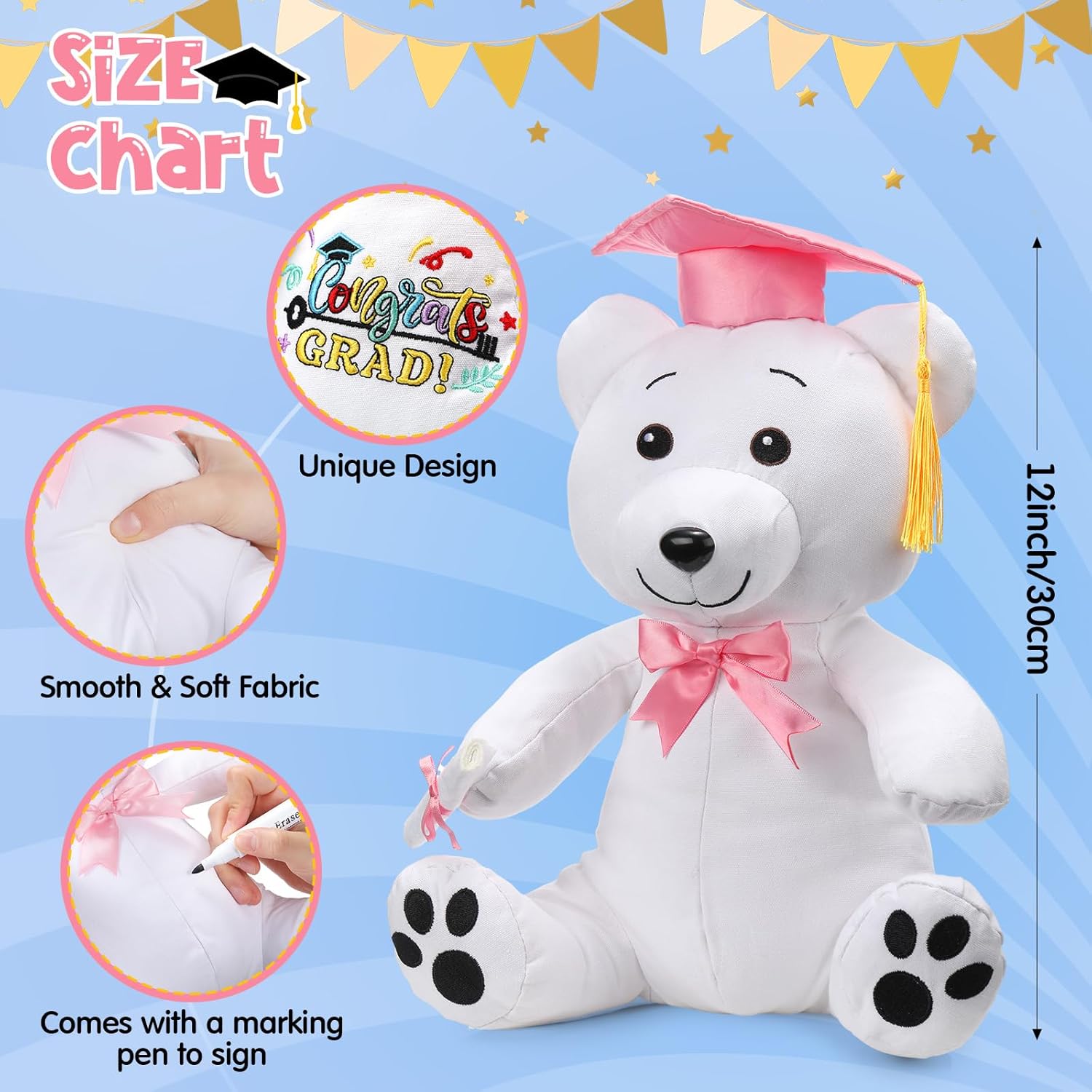Zomiboo Graduation Bear Autograph Stuffed Animal 2026 Smooth Fabric Stuffed Bear Toy with Congrats Grad Plush Autograph with Marking Pen Gold Tassels for Graduate Student Party(Pink)