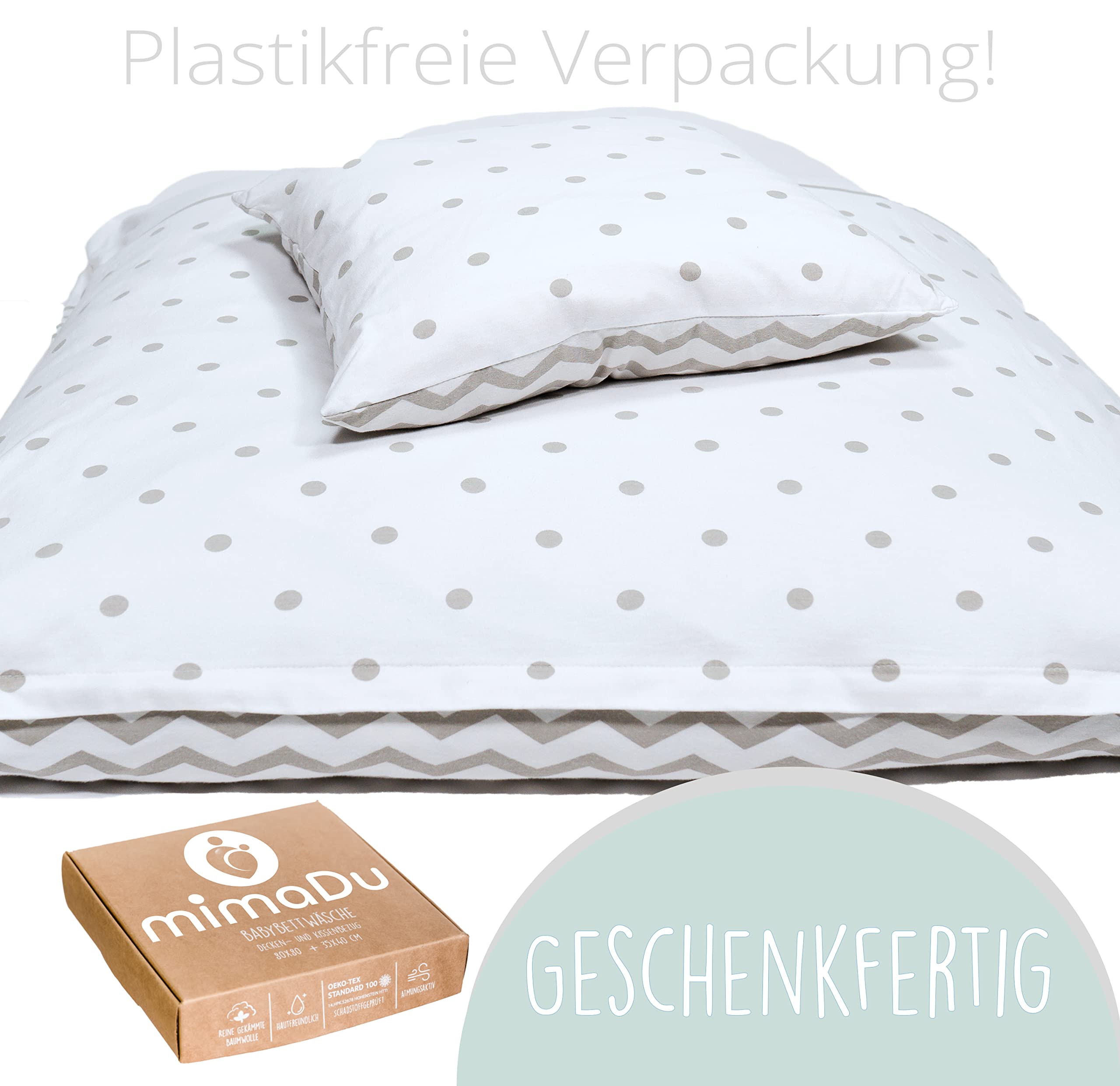 mimaDu copripiumino lettino neonato copripiumino lettino con sbarre copripiumino culla | set di biancheria da letto per bambini | 100% cotone Oeko Tex (80x80+35x45cm Grigio A Pois Zigzag)