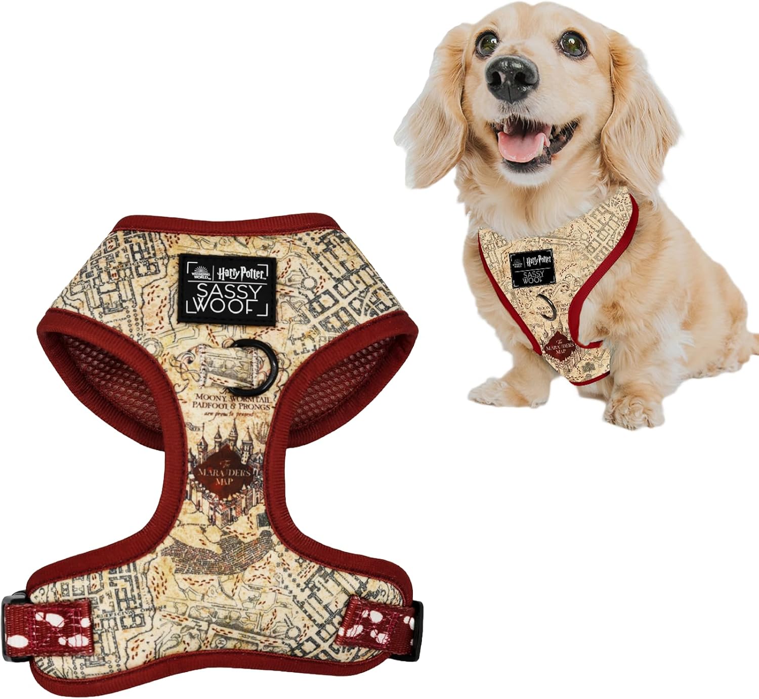 Sassy Woof Dog Adjustable Harness - Harry Potter™ Marauder's Map™ - S, Breathable Mesh, No Pull Design with Two D-Rings, Perfect for Small Dogs and Puppies - Officially Licensed