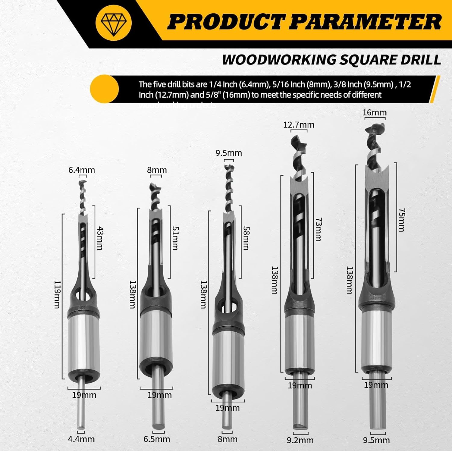 Square Hole Drill Bit 1/4" 5/16" 3/8" 1/2" 5/8" and Adapter Compatible with Bench Drill Presses and Hand Drill Clamps