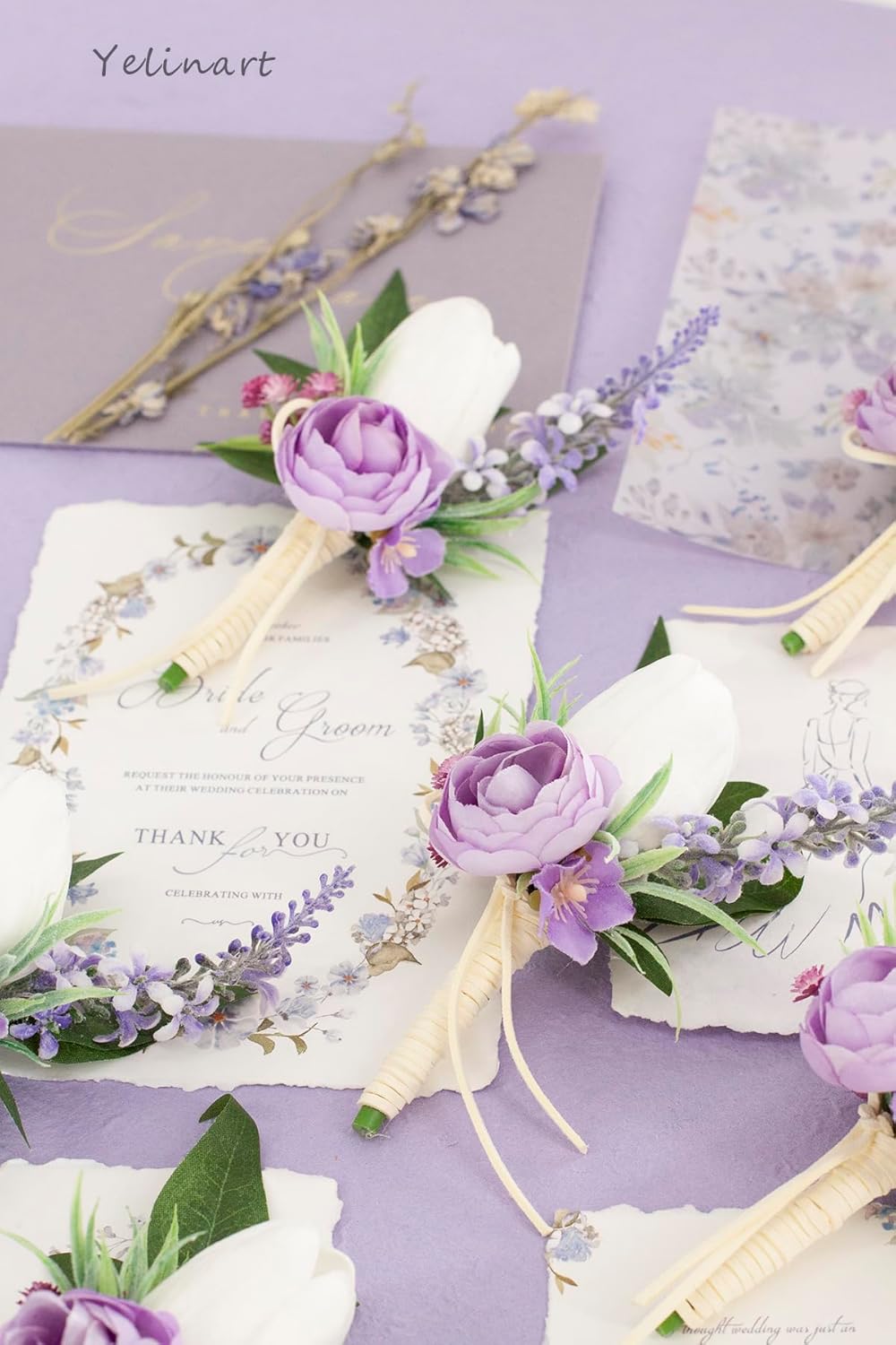 Set of 6 Lilac Purple & White Boutonniere for Men Wedding Groom Groomsmen Artificial Tulip Lavender Rose Flowers Boutonniere for Prom Homecoming Ceremony Anniversary Formal Dinner Party