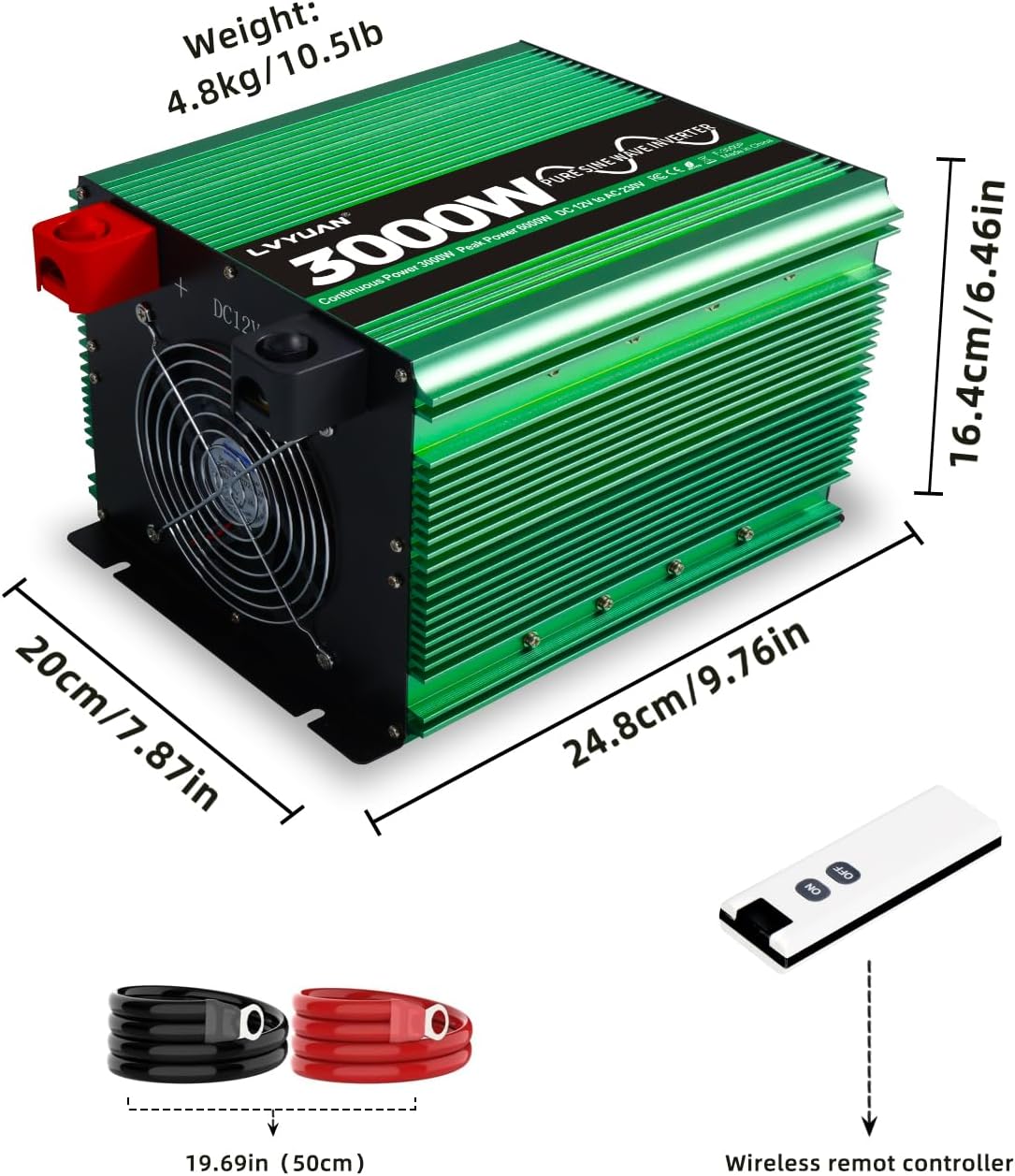 LVYUAN 3000 Watt Pure Sine Power Inverter 12V to 110V 120V DC to AC Converter with 4 AC Outlets, LCD Display, USB Charge Port, Remote Control for Home RV Vehicle Outdoor Camping Car Power Inverter
