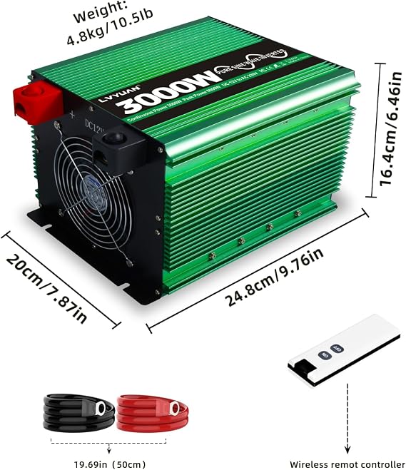 LVYUAN 3000 Watt Pure Sine Power Inverter 12V to 110V 120V DC to AC Converter with 4 AC Outlets, LCD Display, USB Charge Port, Remote Control for Home RV Vehicle Outdoor Camping Car Power Inverter