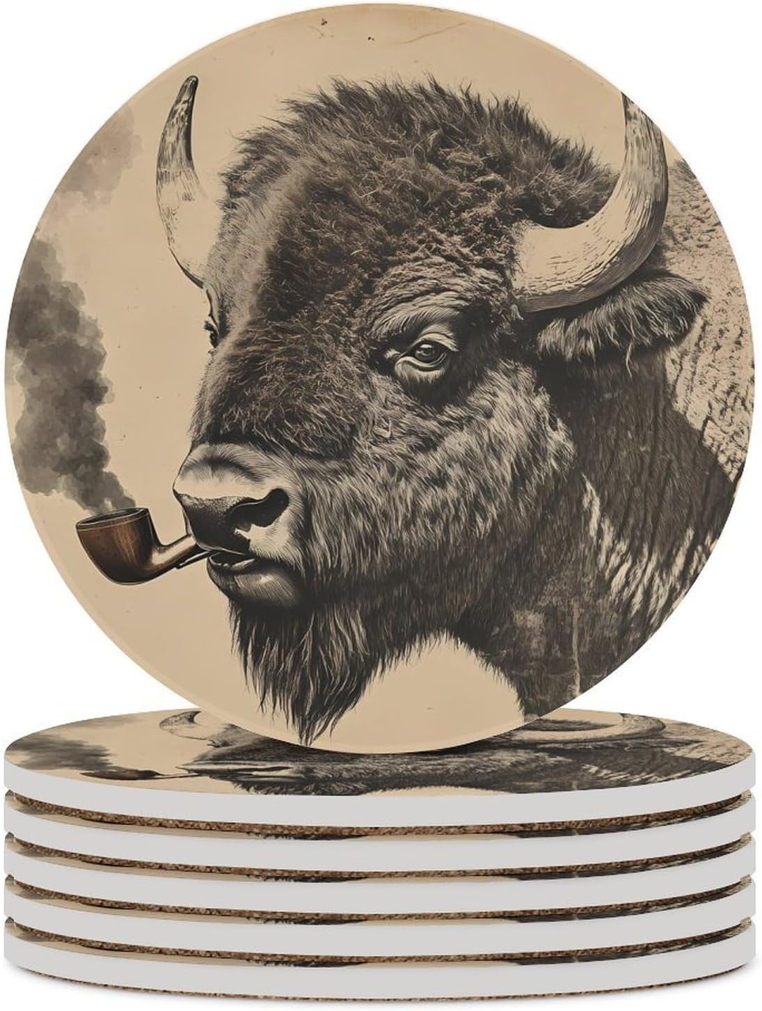 Vintage Bison Smoking Round Ceramic Coasters for Drinks Absorbent Cup Holder Tabletop Protector with Cork Base
