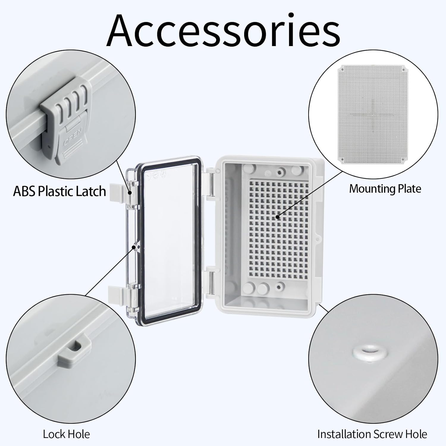 Waterproof Electrical Box Outdoor Electrical Junction Box ABS Plastic Snap Latch Hinged Project Enclosure with Mounting Plate for Outdoor Indoor Wiring Projects Clear 5.3"x3.4"x2.7"