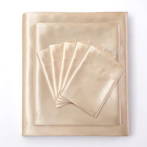 Miniatura 5 de Manyshofu Juego de sábanas de satén beige de 7 piezas, tamaño King, lujoso y suave, 1 sábana bajera de satén, 1 sábana encimera de satén, 4 fundas