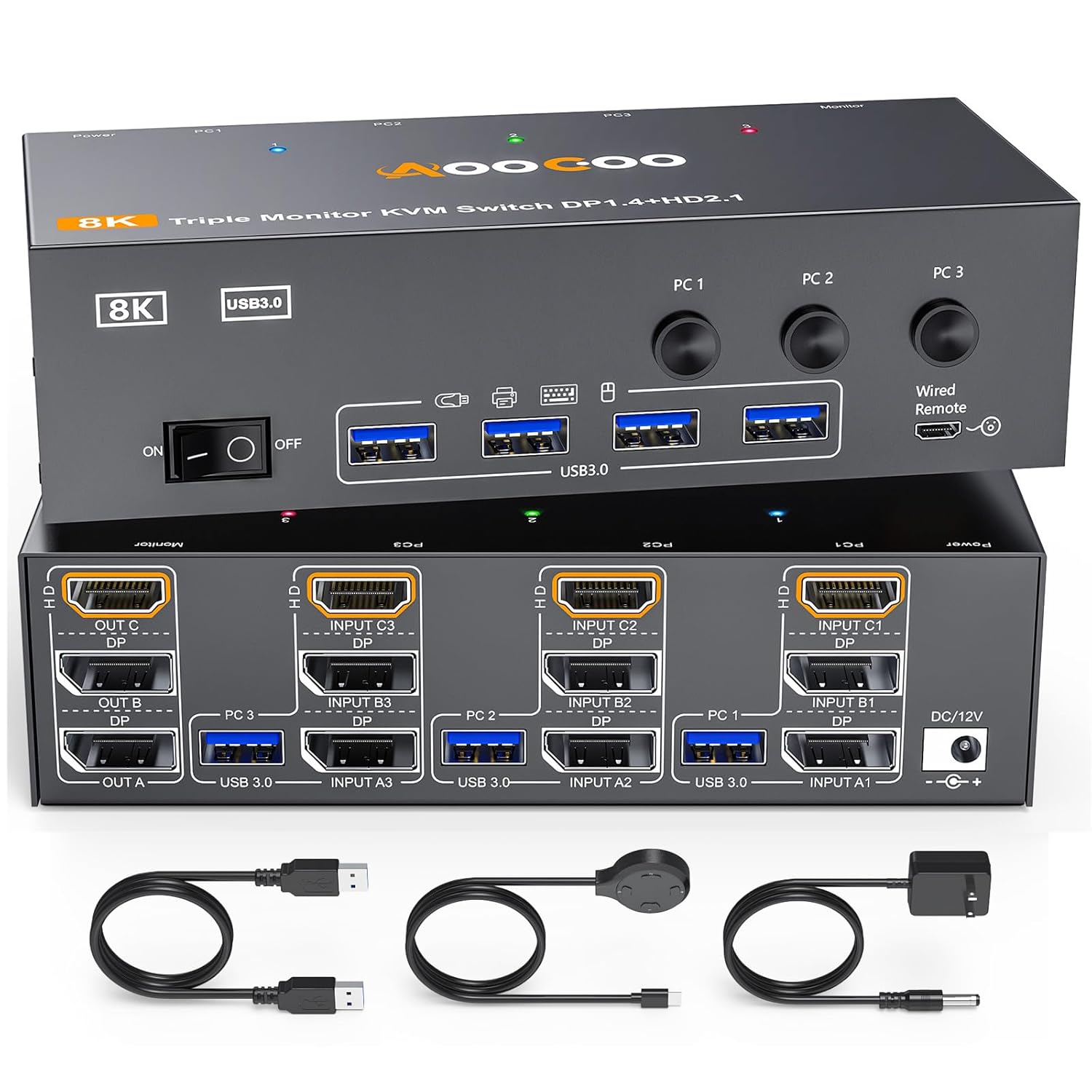 2 Displayport + HDMI USB 3.0 KVM Switch 3 Monitors 3 Computers, 8K@60Hz,4K@144Hz Triple Monitor KVM with 4 USB 3.0 Ports, KVM Triple Monitor Keyboard Mouse Switcher,Included Cables,White