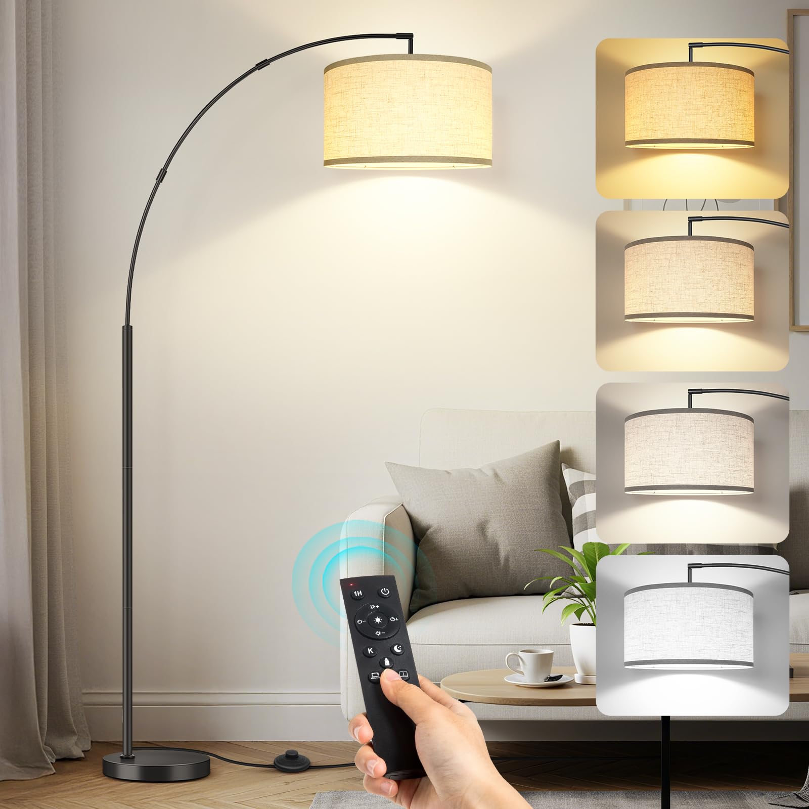 OUTON Lampara de Pie de Arco, Lámpara de Pie Moderna con 4 Temperaturas de Color, Pantalla Beige 40cm, Control Remoto y Interruptor de pie, Bombilla E27, Lampara pie Led para Salón Dormitorios Oficina