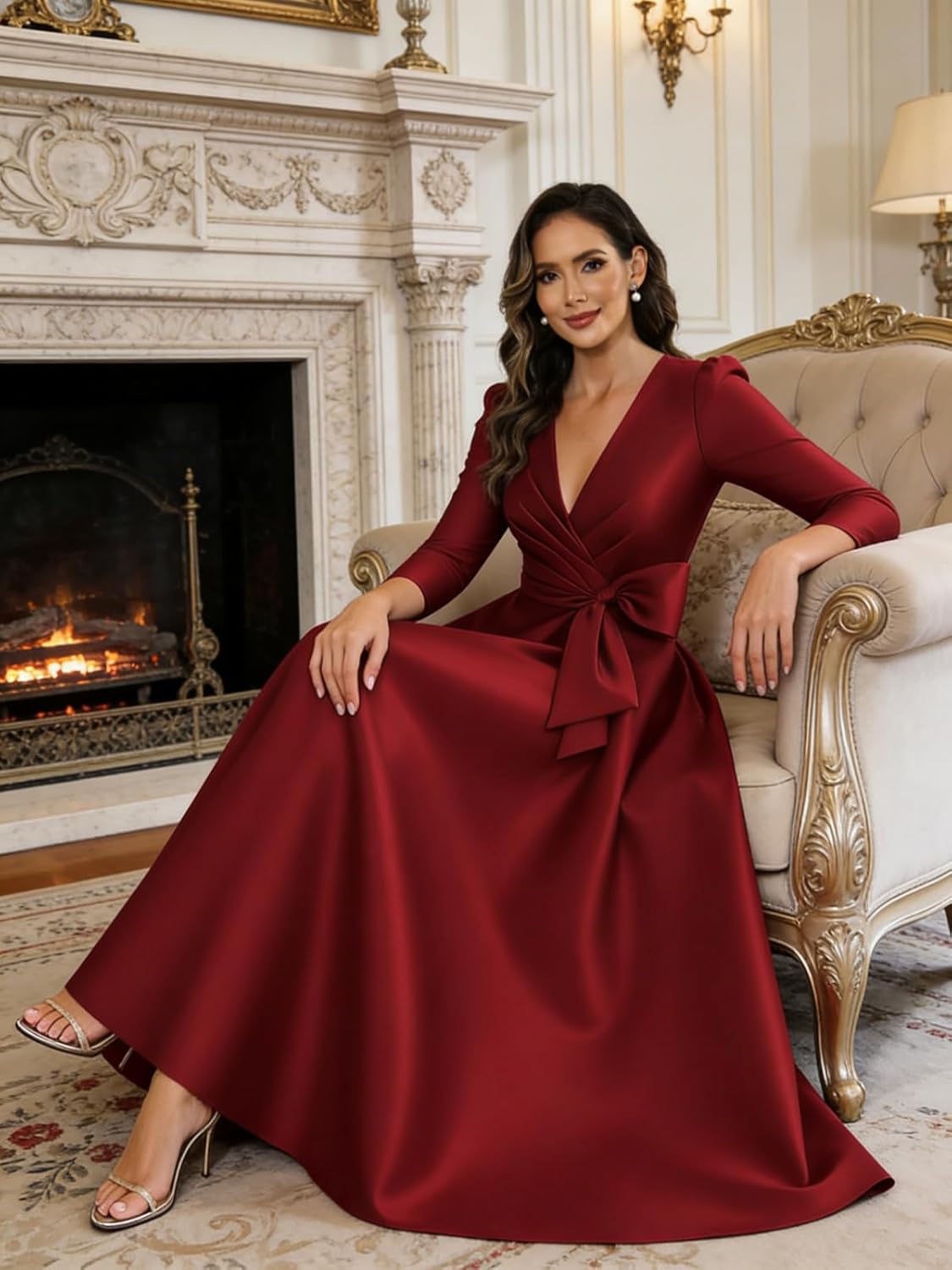 Satin Mother of The Bride Dresses for Women 3/4 Sleeves V Neck Formal Evening Dress with Pockets - Image 5