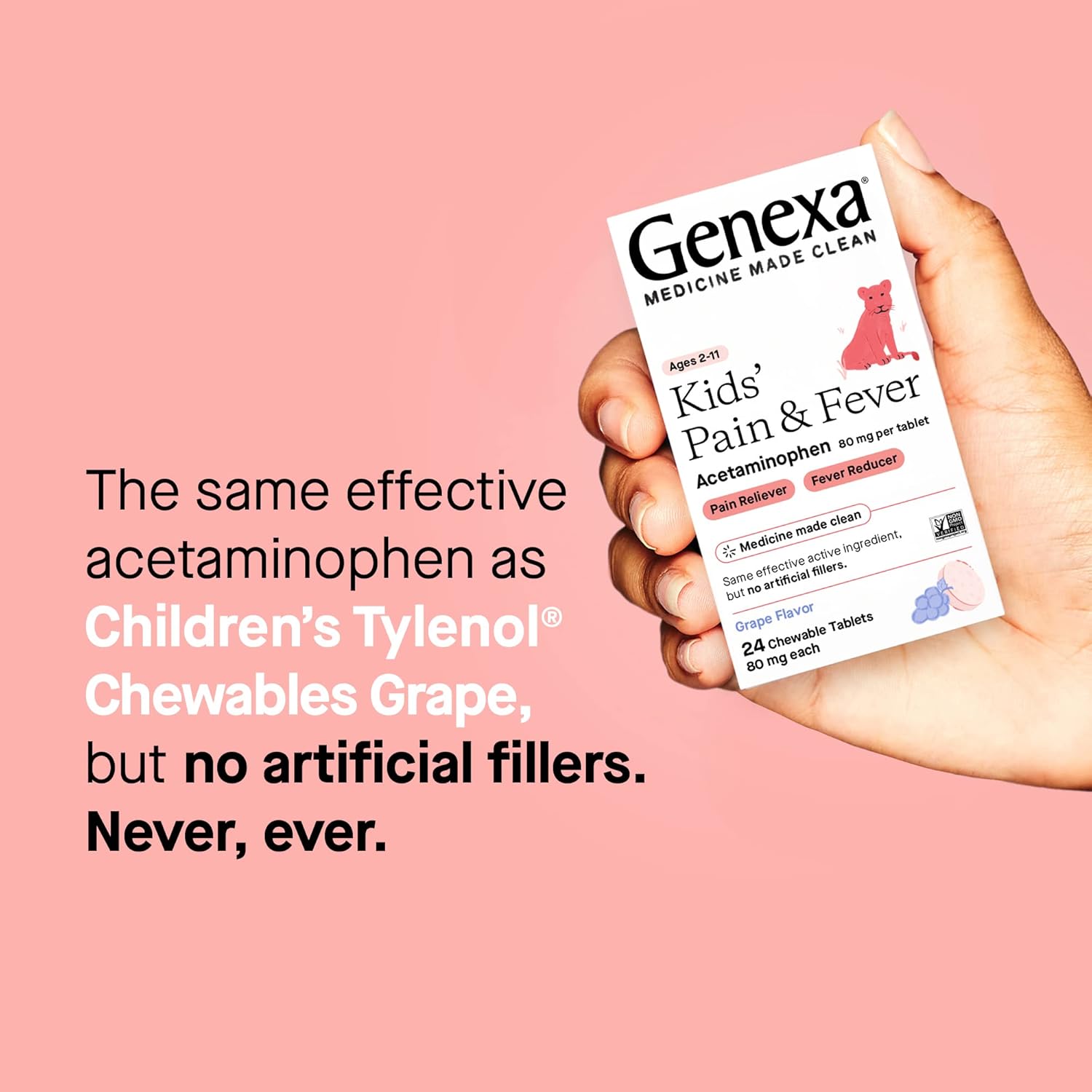 Genexa Children's Acetaminophen Pain and Fever Reducer | Chewable Tablets 80 mg | Grape Flavor | 2-11 Years Old | 24 Count : Health & Household