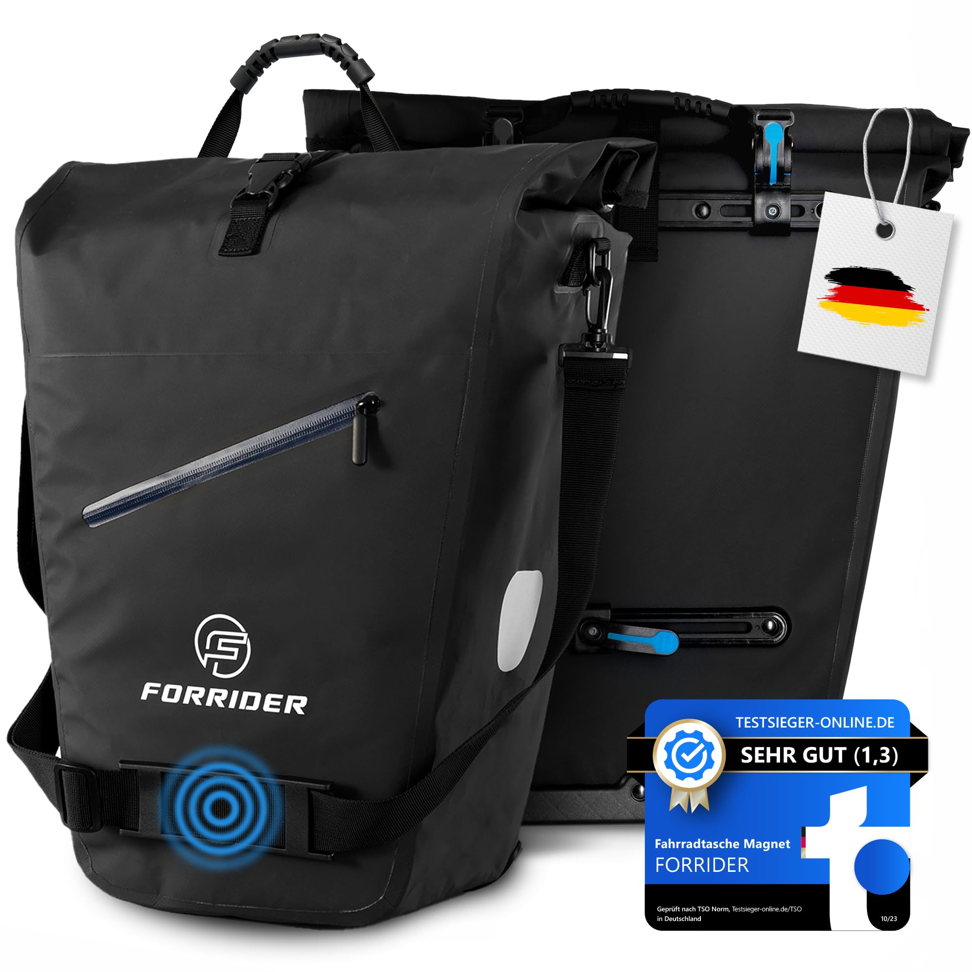 Forrider Gepäckträgertasche 30L, wasserdichte Fahrradtasche mit Magnet-Lock | Magnet-Lock-System zur Fixierung des Tragegurts · Aussenfach · reflektierend · abschließbare QuickSafe-Halterung bis 18mm
