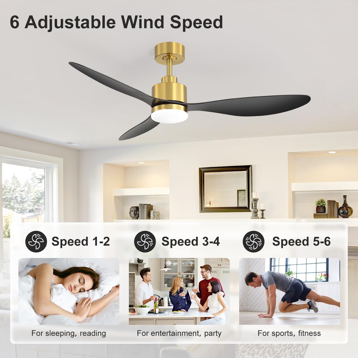 52" Ceiling Fans with Lights and Remote, Quiet DC Motor, 3 Reversible Blades, Modern Gold and Black Ceiling Fan with 3-Color LED Light Fandelier for Bedroom Living Room