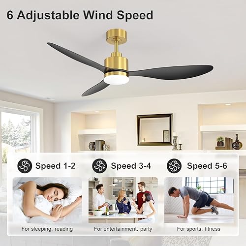 Miniatura 5 de Ventiladores de techo de 52 pulgadas con luces y control remoto, motor de CC silencioso, 3 aspas reversibles, ventilador de techo moderno dorado y