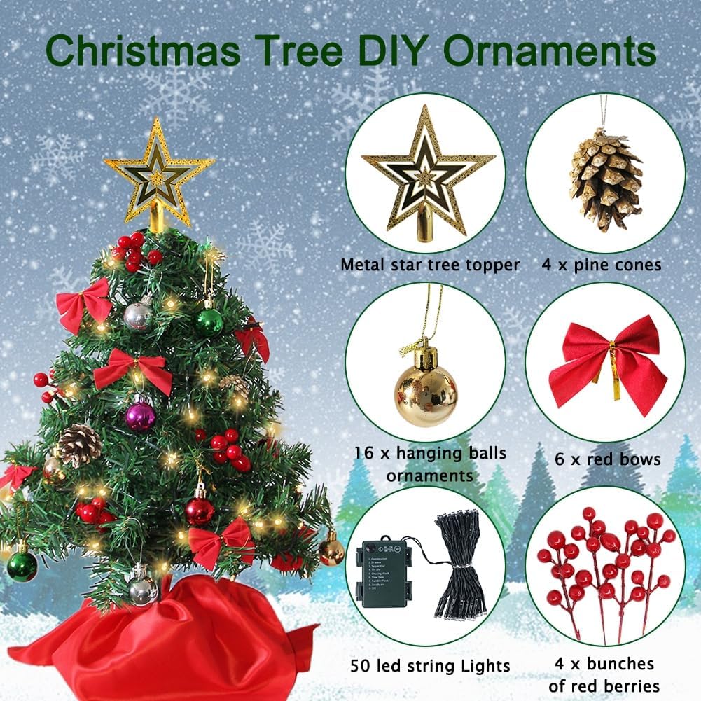 Juegoal 2 Pack Mini Christmas Tree Set 24 Inch / 2 FT, Table Top Artificial Christmas Trees with 50 LED Lights, Xmas Ornaments and Red Berries, Best DIY Christmas Decorations