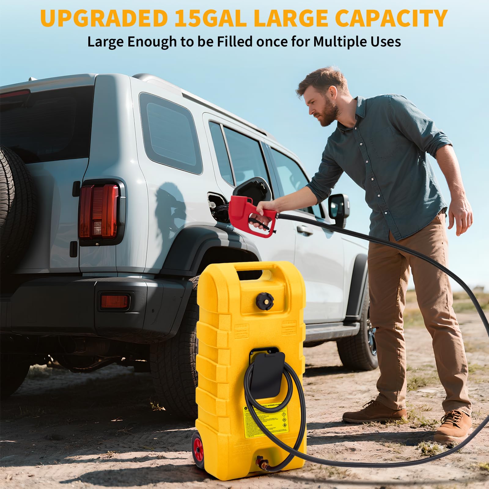 Bidón de gasolina de 57 l (15 galones) con bomba de mano y manguera, sifón de 7,5 l/min – Bidón de combustible enrollable para coche, barco, cortacésped, ATV, resistente a los rayos UV, HDPE