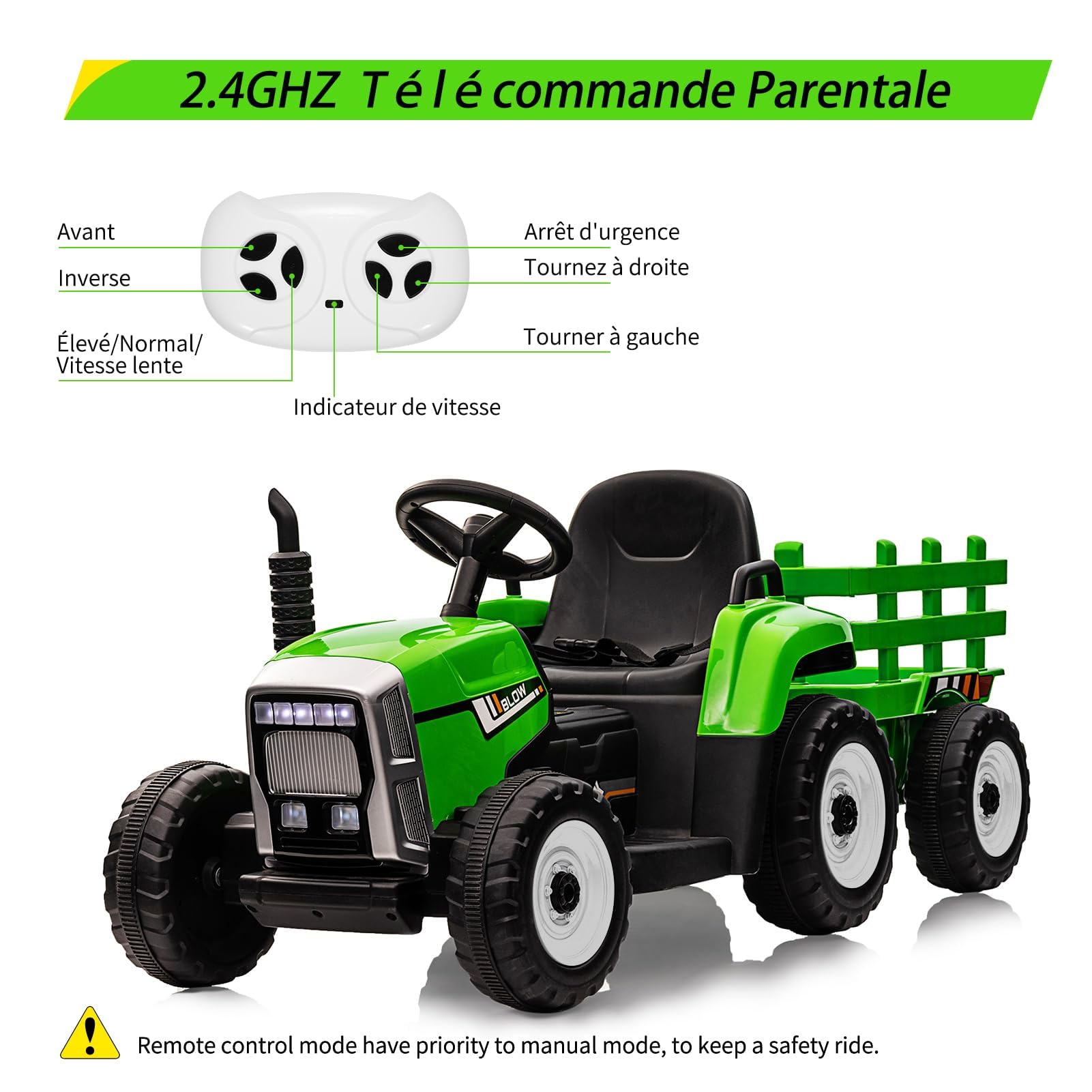 Garvee Trattore Elettrico Per Bambini, Rimorchio Rimovibile, 6 Ruote, Verde | 12V, 2.4G telecomando, Clacson, Musica Integrata, Radio, 3 Velocità, Doppio Motore, Connessione Wireless, Porta USB