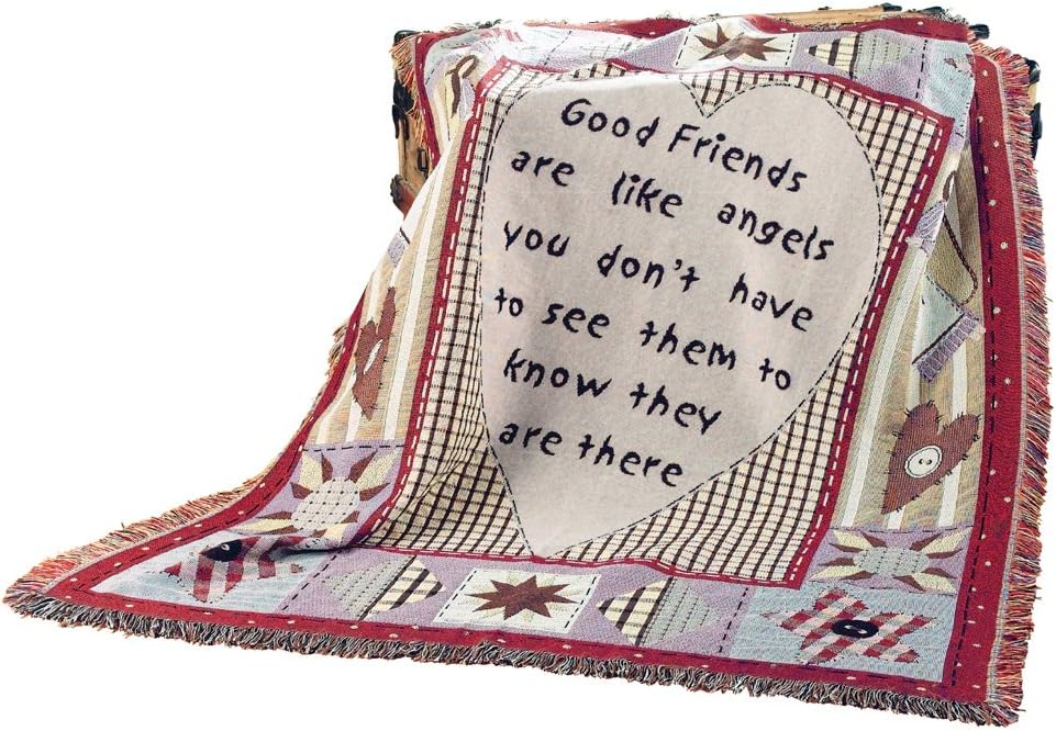 Collections Etc Friends are Like Angels Tapestry Throw Blanket - Patchwork Detail Includes Stars, Hearts, and Diamonds - Gift Ideas for Special Someone