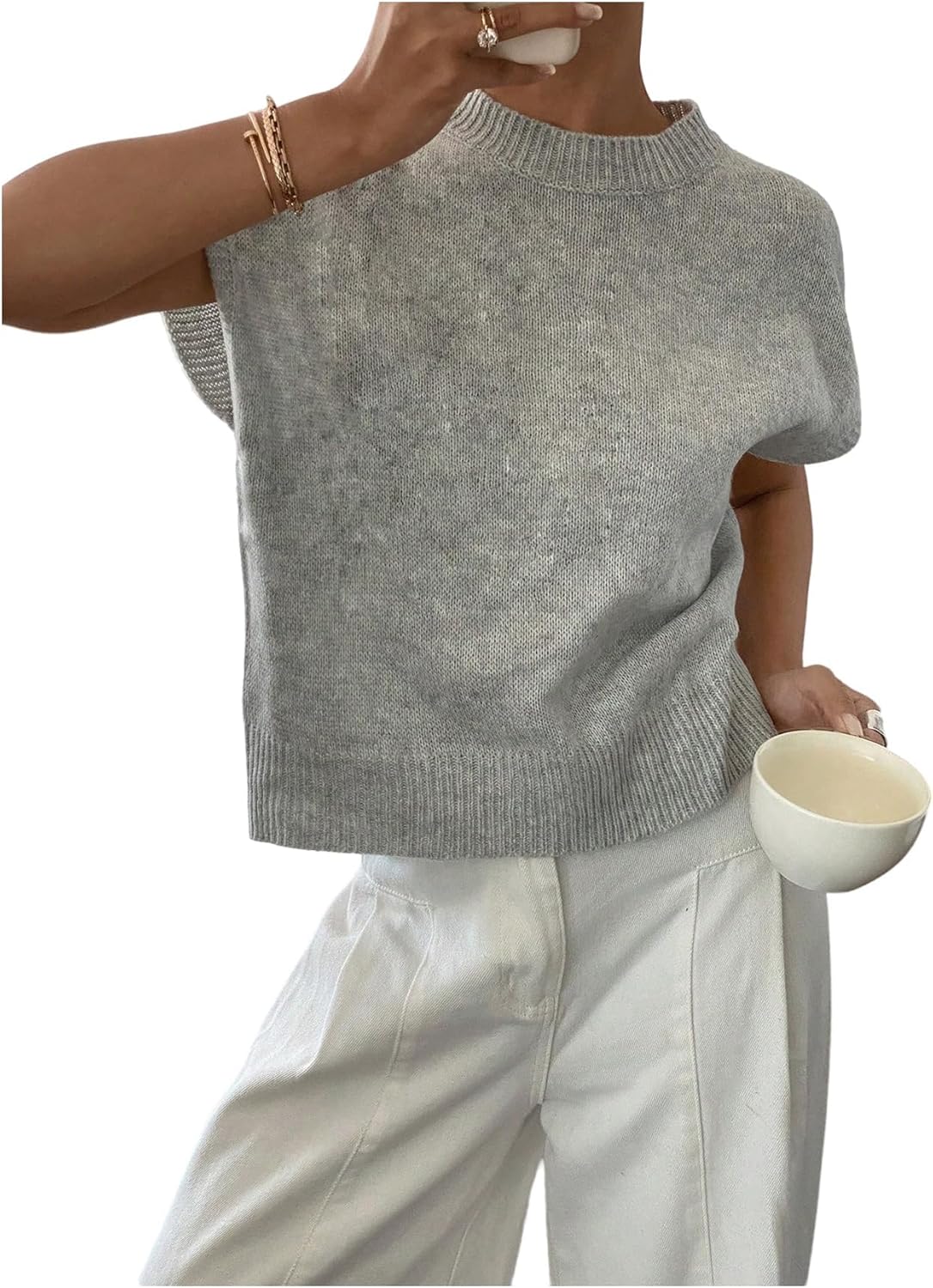 QJQ Women's Short Sleeve Sweater Vest Decor Knit Crewnek Anthropologie Clothes Business Cute Tops