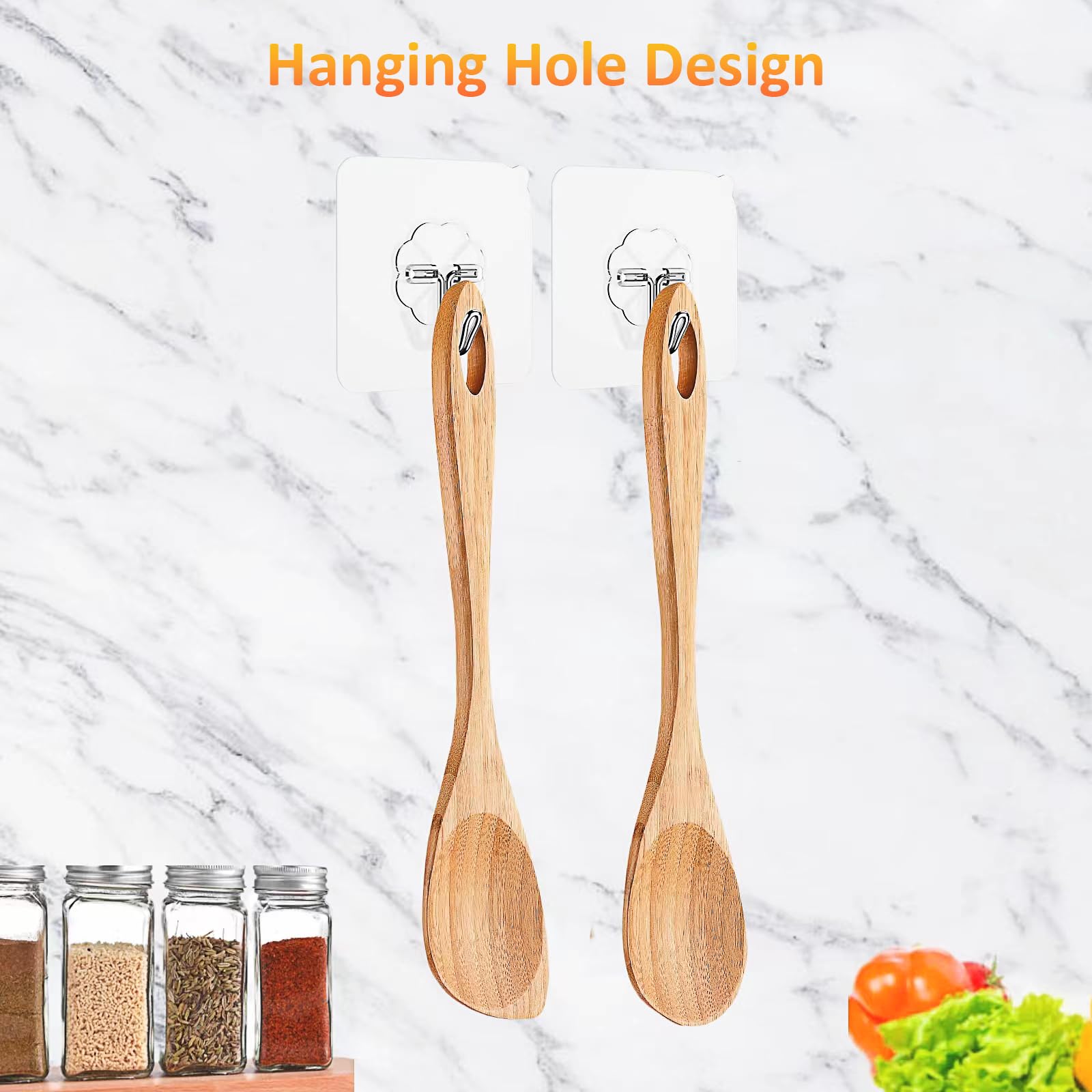 2 cucharas de madera de bambú para cocinar, cuchara de esquina de madera, espátula de bambú, con ganchos adhesivos, cuchara de cocina de madera para cocinar en casa, utensilios de cocina
