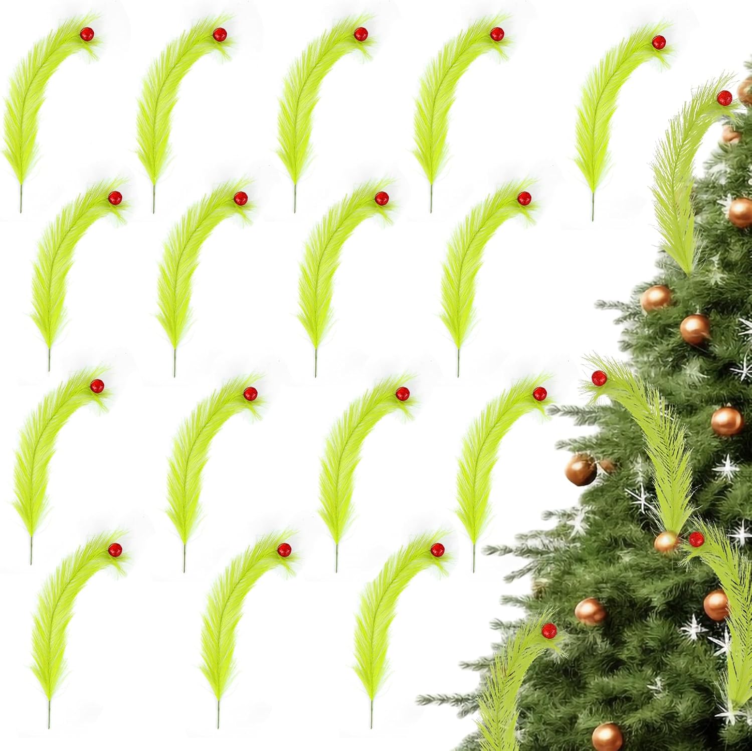 16 PCS 17 Inch Christmas Tree Topper, Christmas Tree Decorations, Lime Green Ornaments, Tree Topper Picks with Red Glitter Foam Balls for Holiday Party Home Decor Vase Filler Wreath Decor 1 Red Glittering Foam Ball 16 Pcs