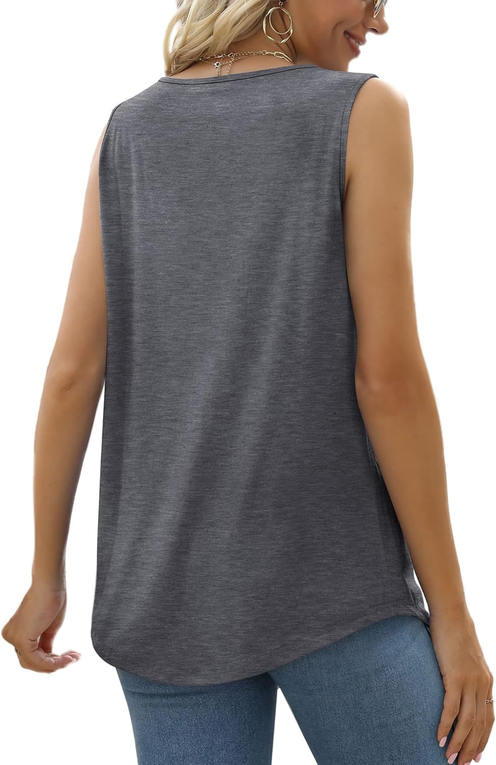 Saloogoe Summer Tank Tops for Women Loose Fit Pleated Square Neck Sleeveless Tops Curved Hem Flowy - Image 4