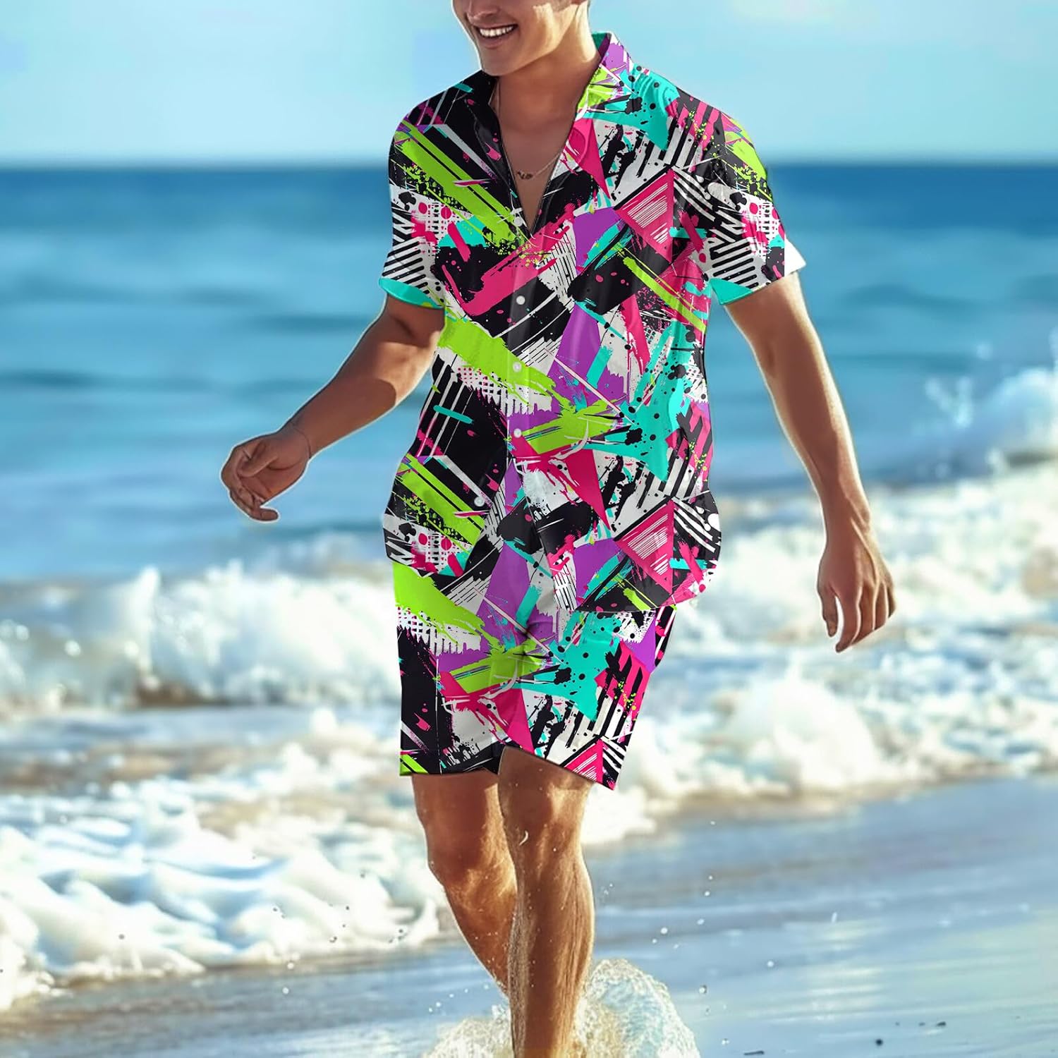 80s 90s Men's Hawaiian Outfits 2 Piece Shirt and Shorts Sets Button Down Beach Suits Disco Party