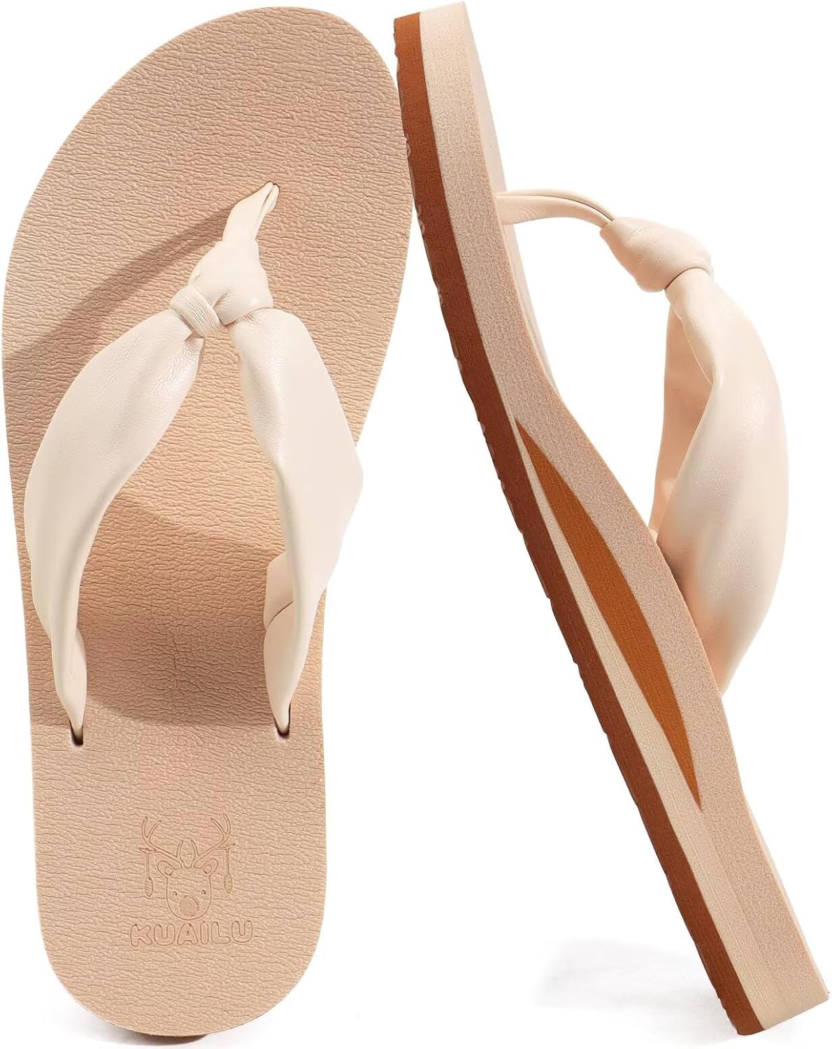 KuaiLu Womens Flip Flops With Arch Support Comfortable Yoga Mat Cushion Thong Leather Sandals for Ladies Fashion Slip On Summer Beach Walking Slides Indoor Outdoor Travel Orthotic Slippers