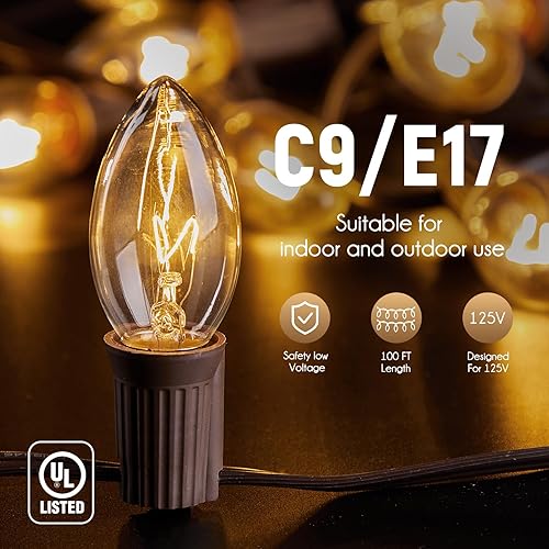 Miniatura 5 de Brightown Paquete de 2 tiras de luz C9 de 100 pies para espaciado E17-12, cadena de luces de Navidad para exteriores con 100 enchufes para patio,