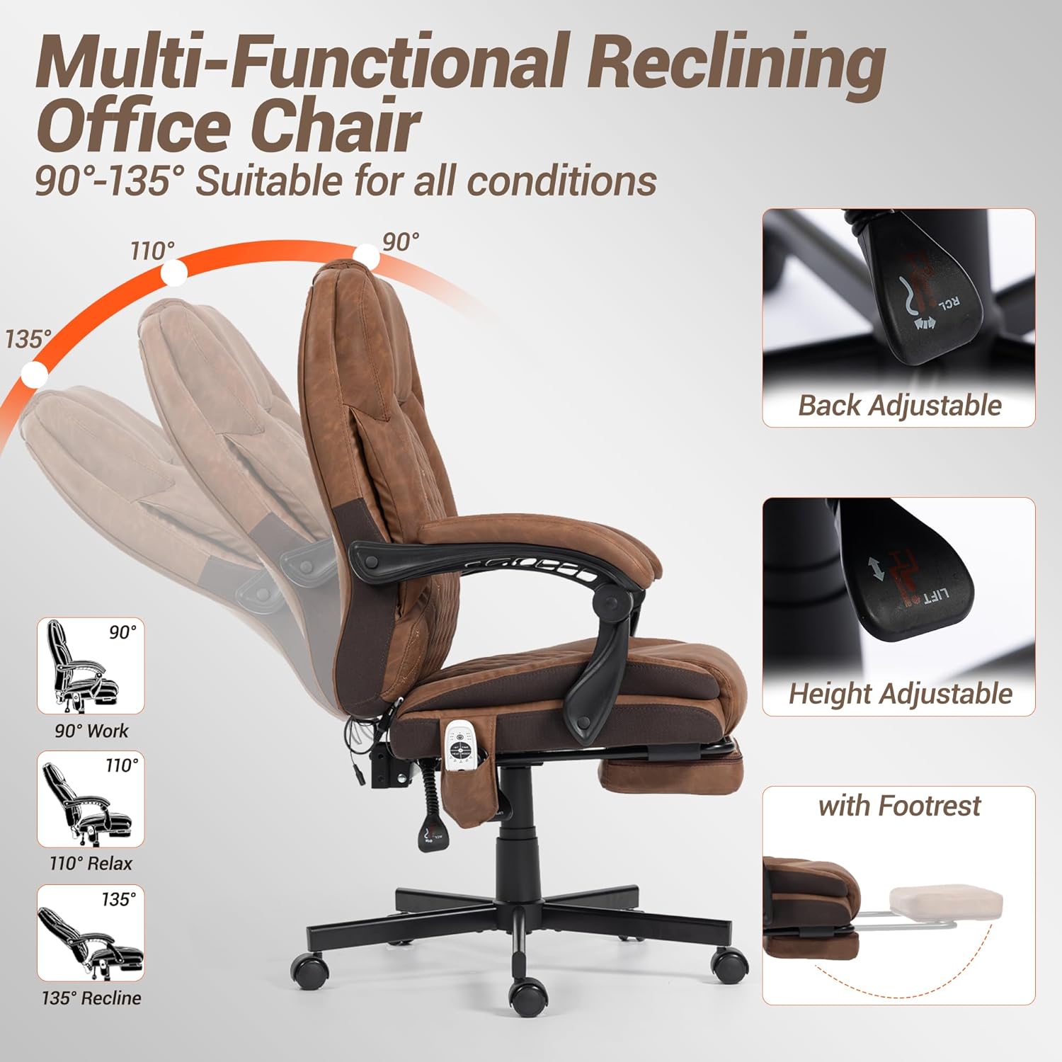 Massage Office Chair with Foot Rest, 6 Points Vibration Heating Executive Chairs Ergonomic Home Office Desk Chair with Reclining Backrest, Adjustable Arms and Lumbar Support, PU Leather, Brown