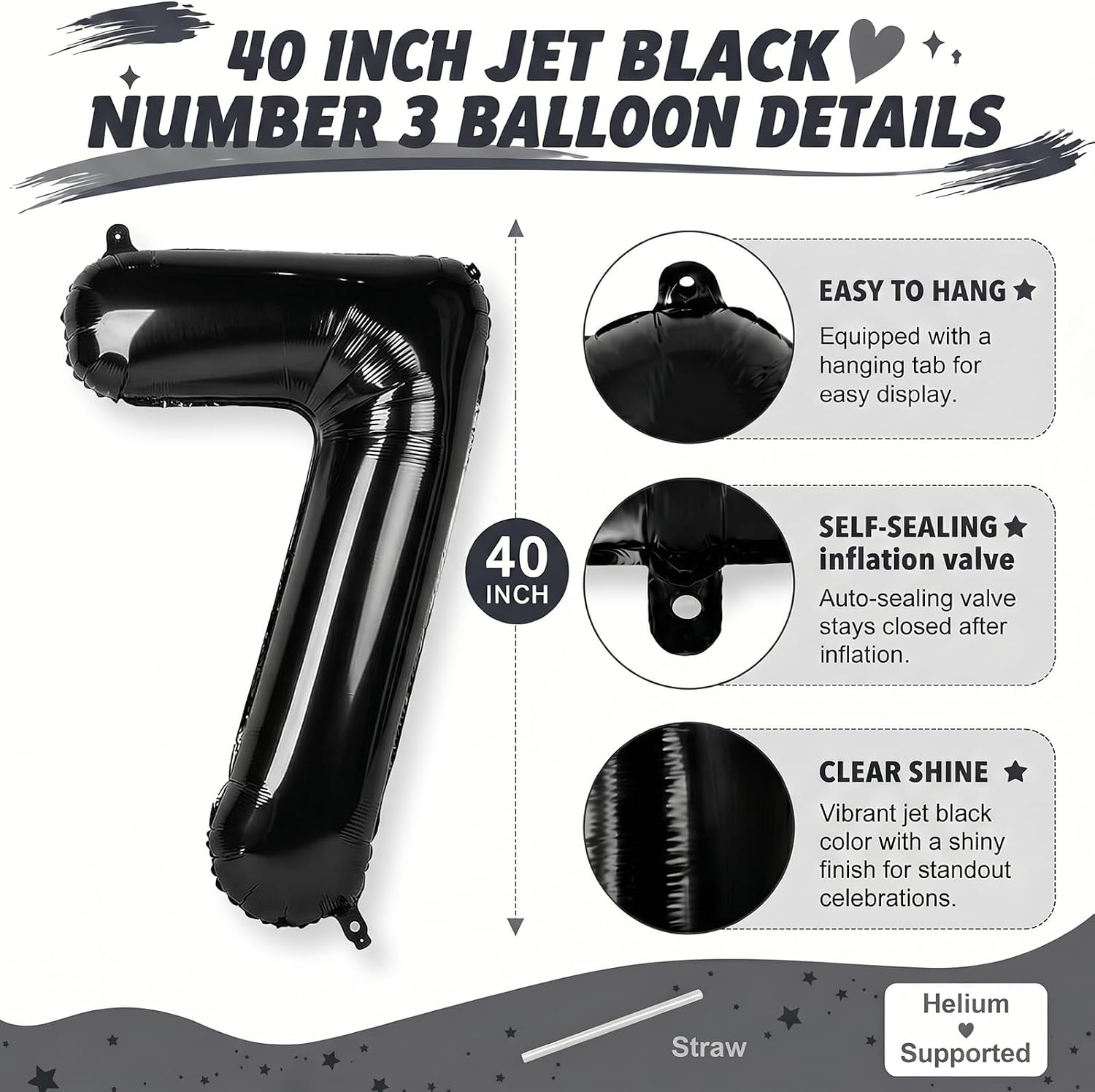 40 Inch Black Number 7 Balloon,Sleek Shiny Metallic Foil for Lucky 7th Bday image 4
