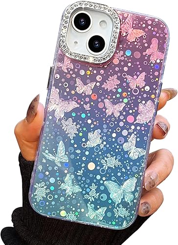 Miniatura 19 de I-MGAE-IN-AR - Funda diseñada para iPhone 12 y 12 Pro, diseño de mariposa plateada brillante, funda protectora de poliuretano termoplástico, suave,