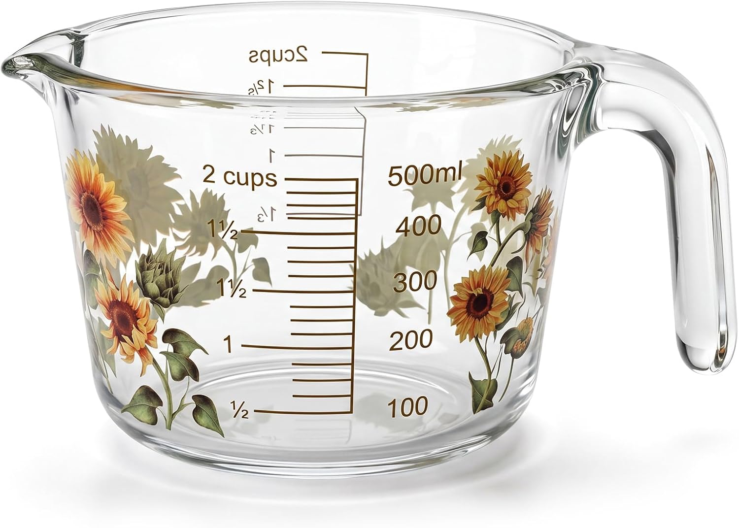 Domensi Glass Measuring Cup Liquid 500ml Sunflower Print Drip-proof, 2 Cup