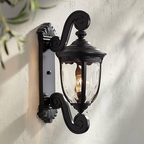 John Timberland Bellagio European Outdoor Wall Light Fixture Texturized Black Dual Scroll Arm 24" Clear Hammered Glass for Exterior House Porch Patio Outside Deck Garage Front Door Garden Home