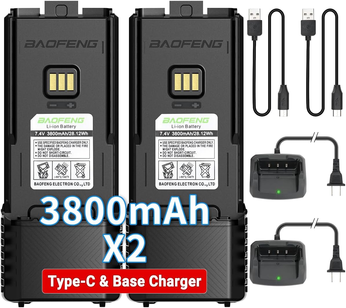 BAOFENG BF-F8HP PRO AR-5RM Battery Rechargeable 3800mAh Extended Battery USB-C Charger Base Compatible with UV-5RH PRO GPS GM-5RH GMRS 5RM Series Ham Radio Handheld Walkie Talkies Accessories,2 Pack