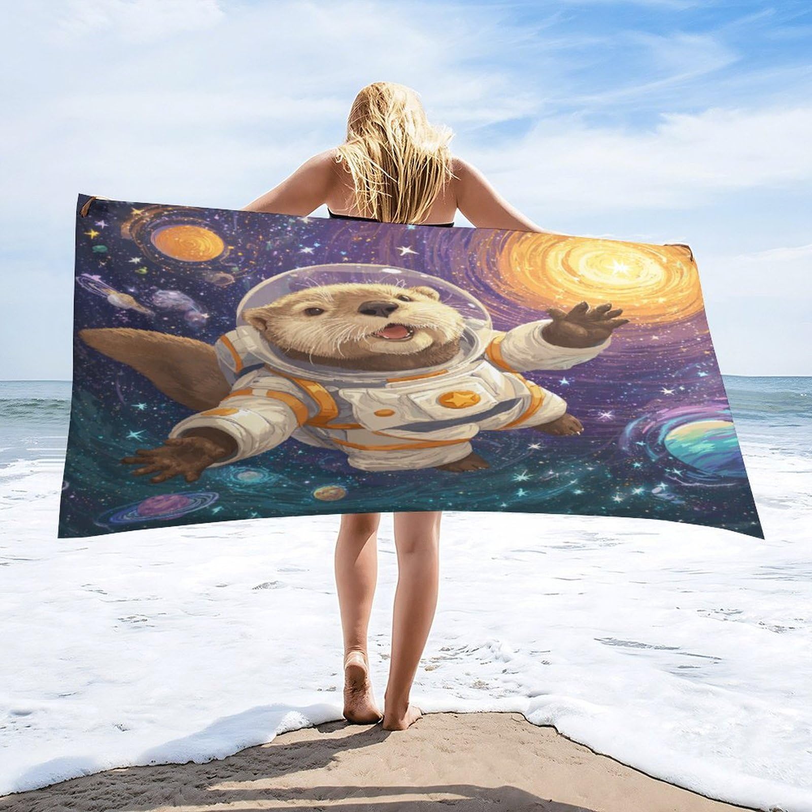 Luyysky Fantasy Cute Otter Astronaut Quick-Drying Beach Towel, Beautiful Cool Outer Space Galaxy Constellation Animal Otter Travel Vacation Single Sided Pile Bathroom Towels-80 W Cm X 160" L Cm