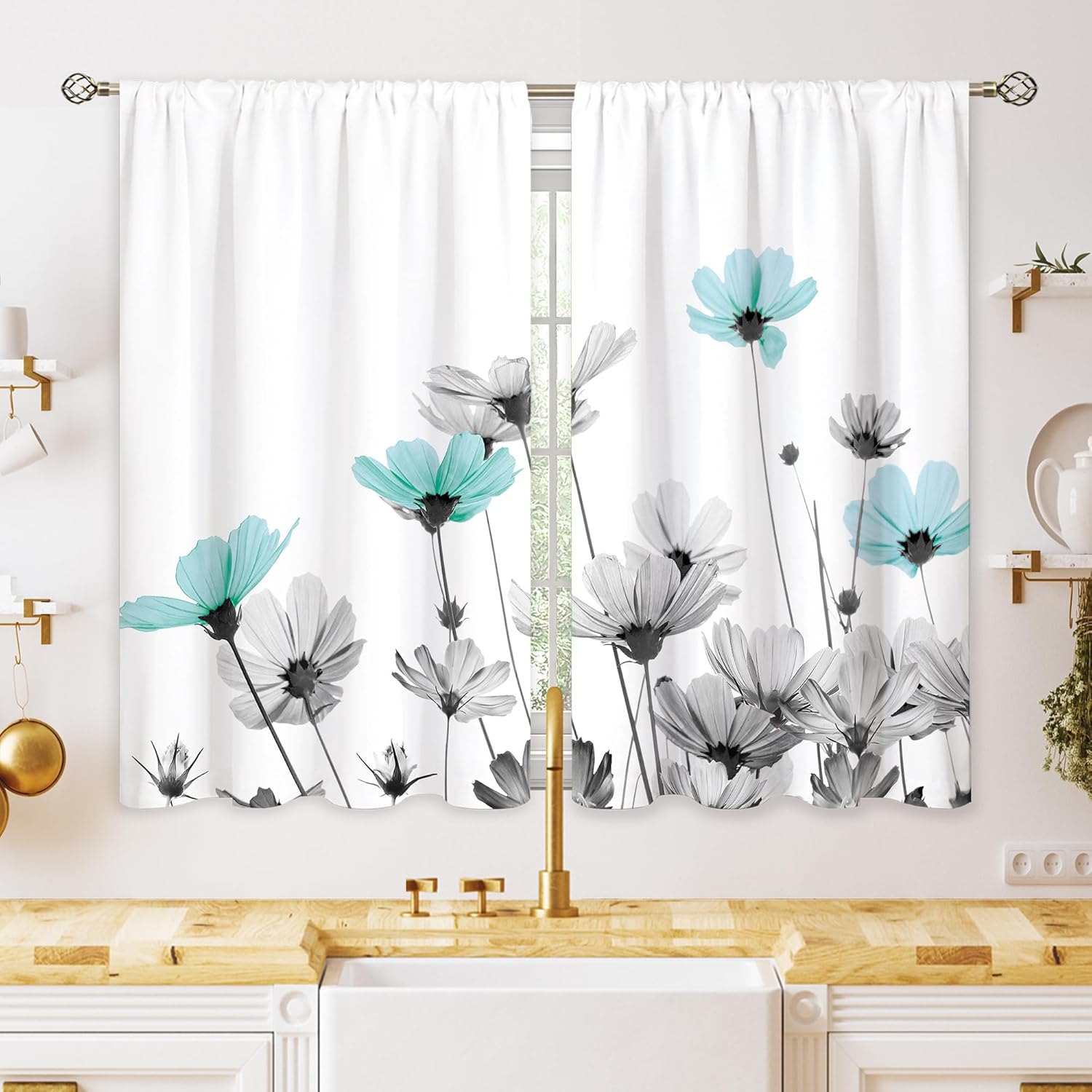 Farmhouse Teal Grey Floral Daisy Window Curtains Blue Rustic Flower Turquoise Plant Wildflower Farmhouse Curtain Drapes Herb Curtains for Bedroom Living Room Treatment 2 Panels 42Wx45H Inch